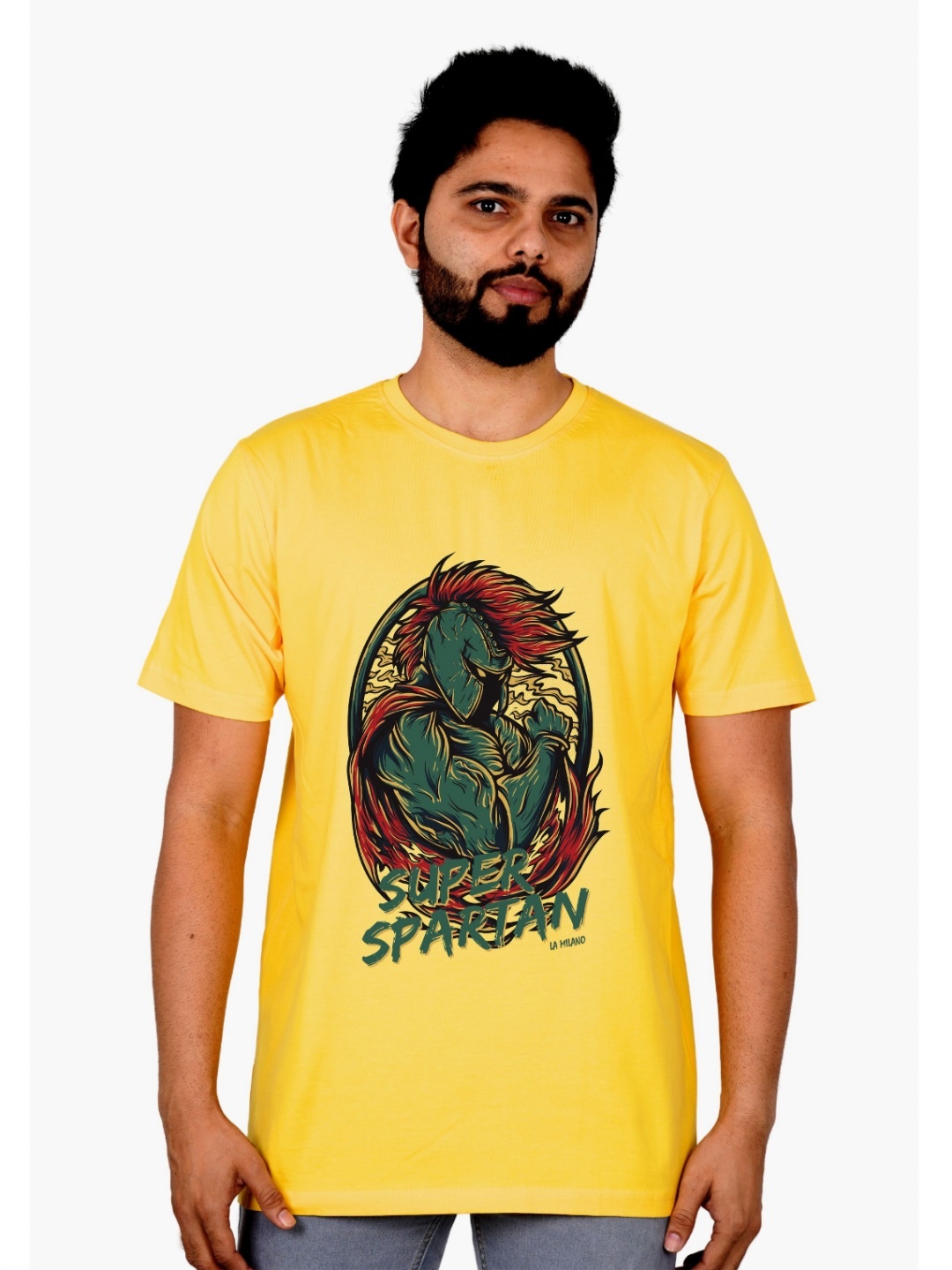 

LA MILANO Men Graphic Printed Round Neck Pure Cotton Slim Fit T-shirt, Yellow