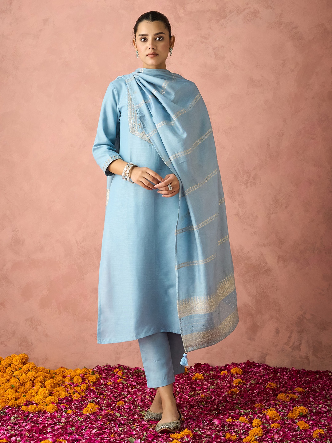 

KALINI Floral Yoke Design Straight Thread Work Kurta with Trousers & Dupatta, Blue