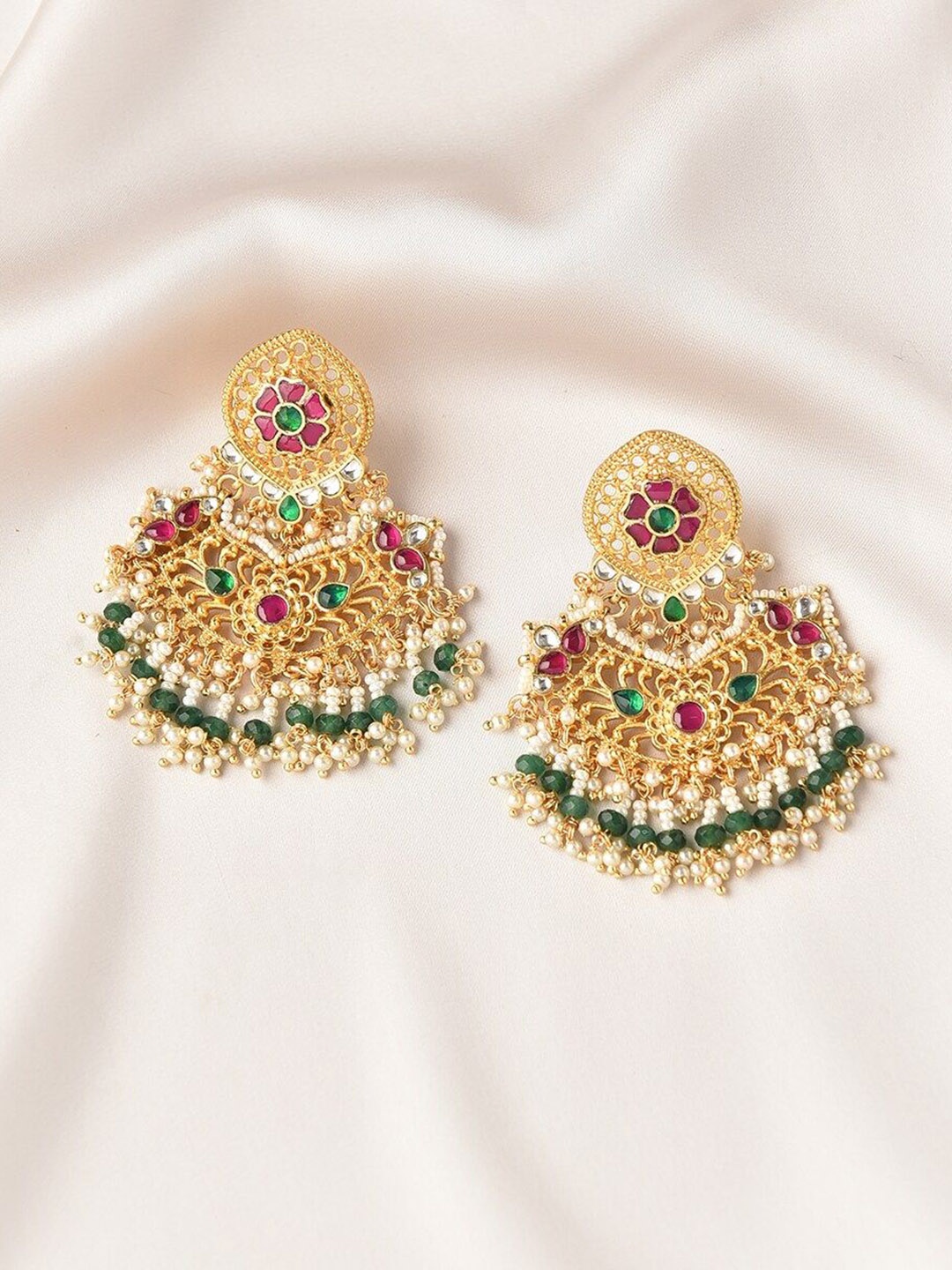 

JAYPORE Stone Studded & Beaded Contemporary Drop Earrings, Gold