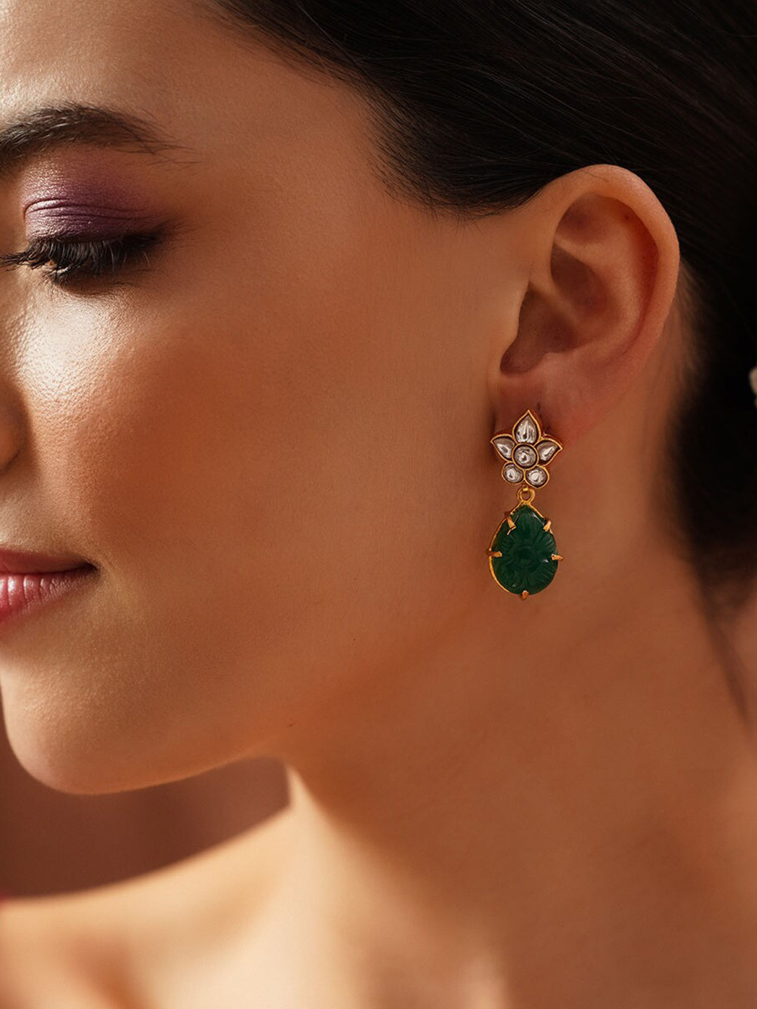 

JAYPORE Gold-Plated Stone Studded Teardrop Shaped Drop Earrings