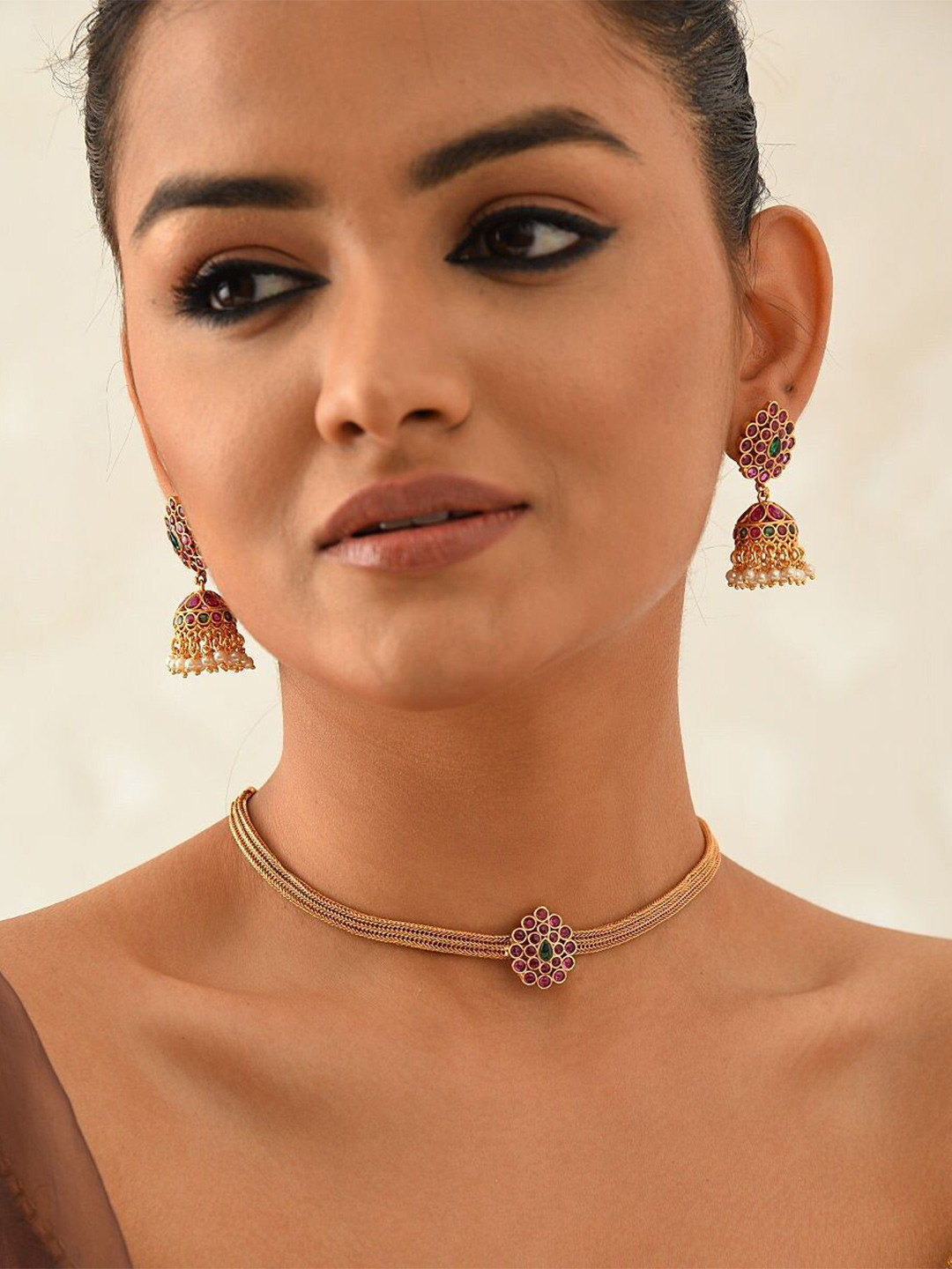 

JAYPORE Gold-Plated Brass Artificial Stones & Beads Studded Jewellery Set