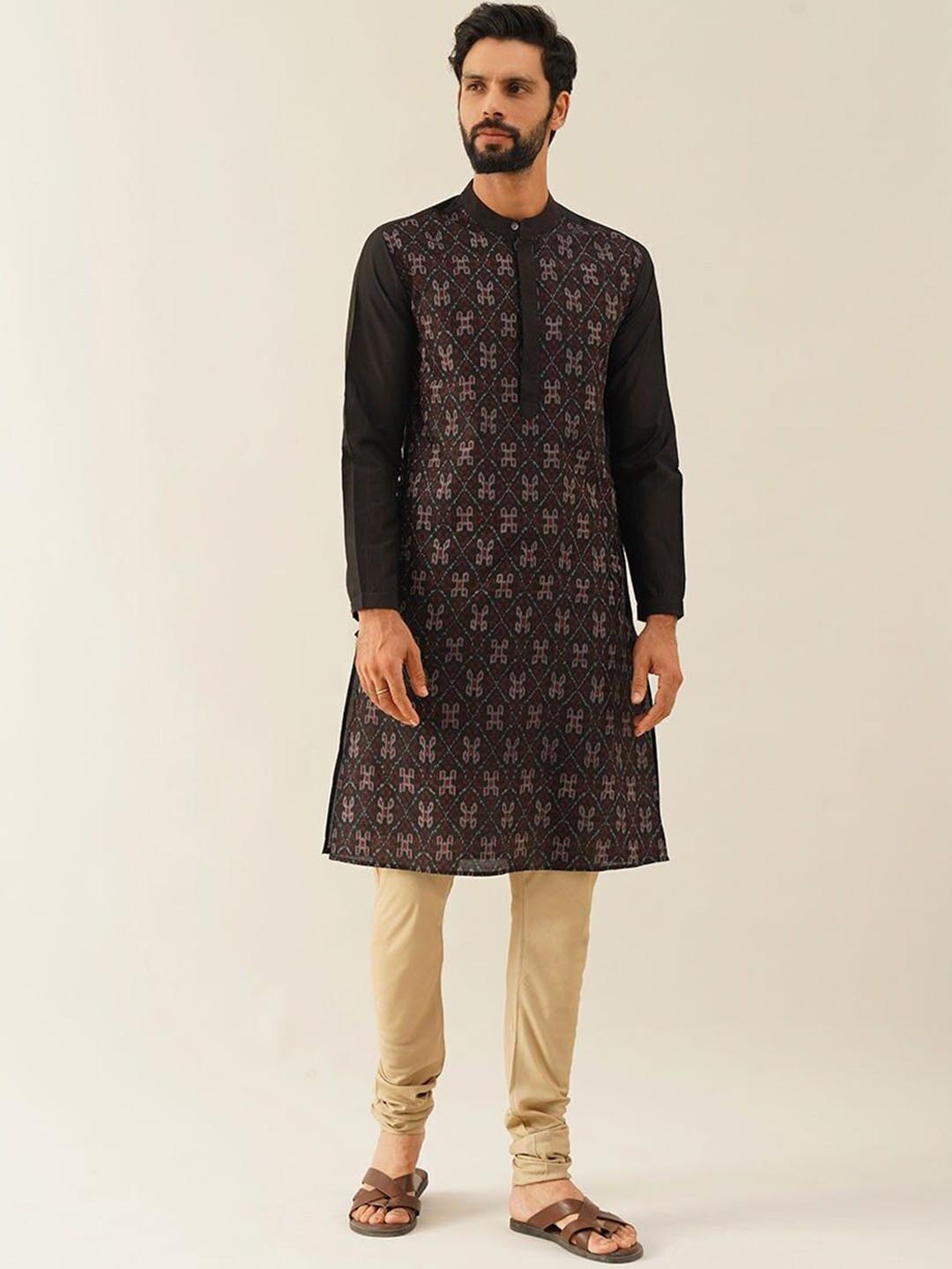

JAYPORE Geometric Woven Design Long Sleeves Pure Cotton Kurta, Black