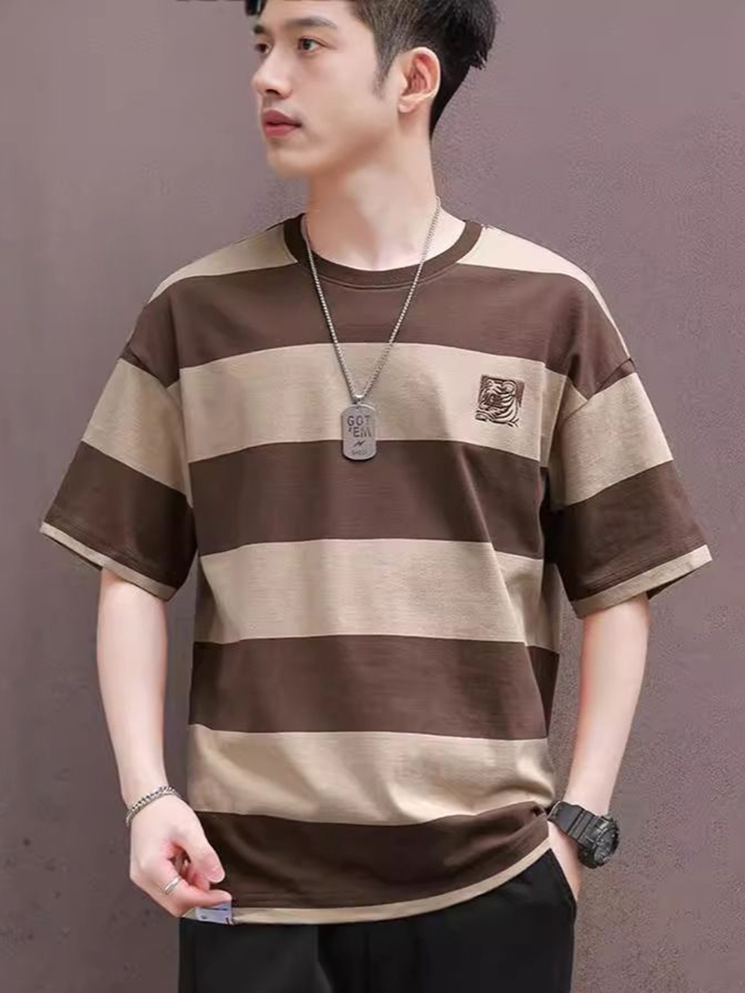 

StyleCast Men Striped Printed Round Neck T-shirt, Brown