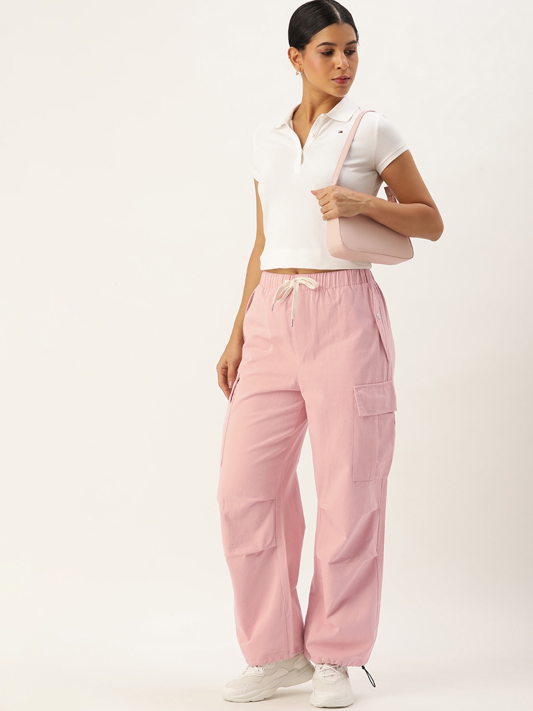 

SHECZZAR Women Loose Fit High-Rise Cargos Trousers, Pink