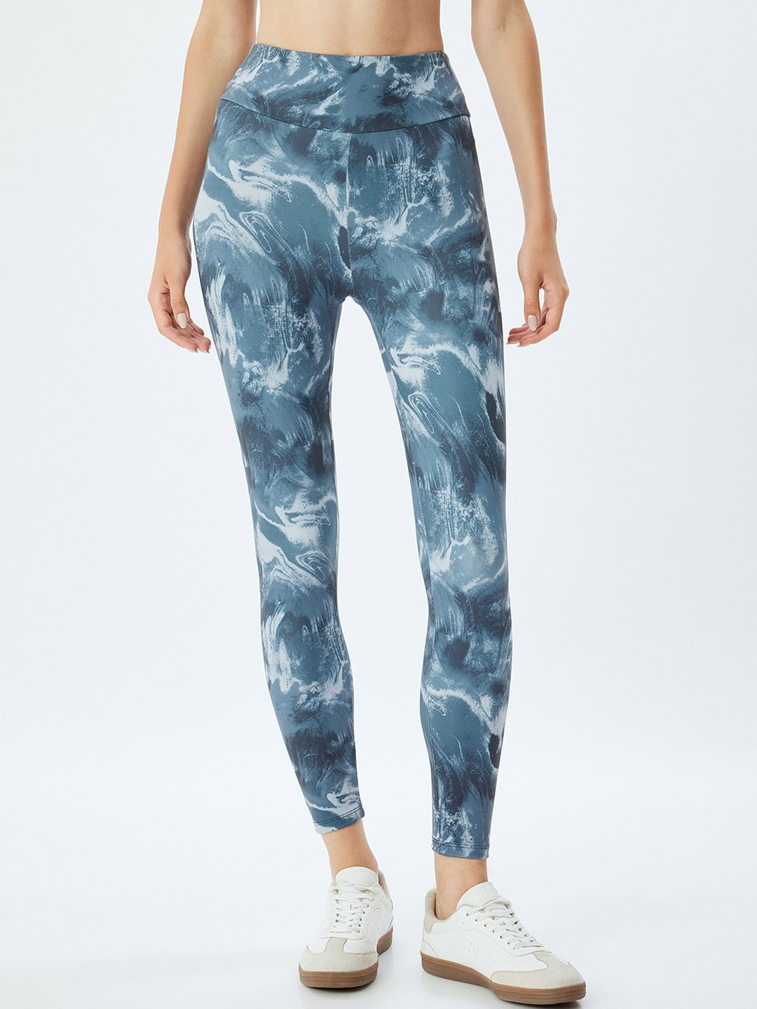 

Koton Women Printed High-Rise Ankle-Length Gym Tights, Blue