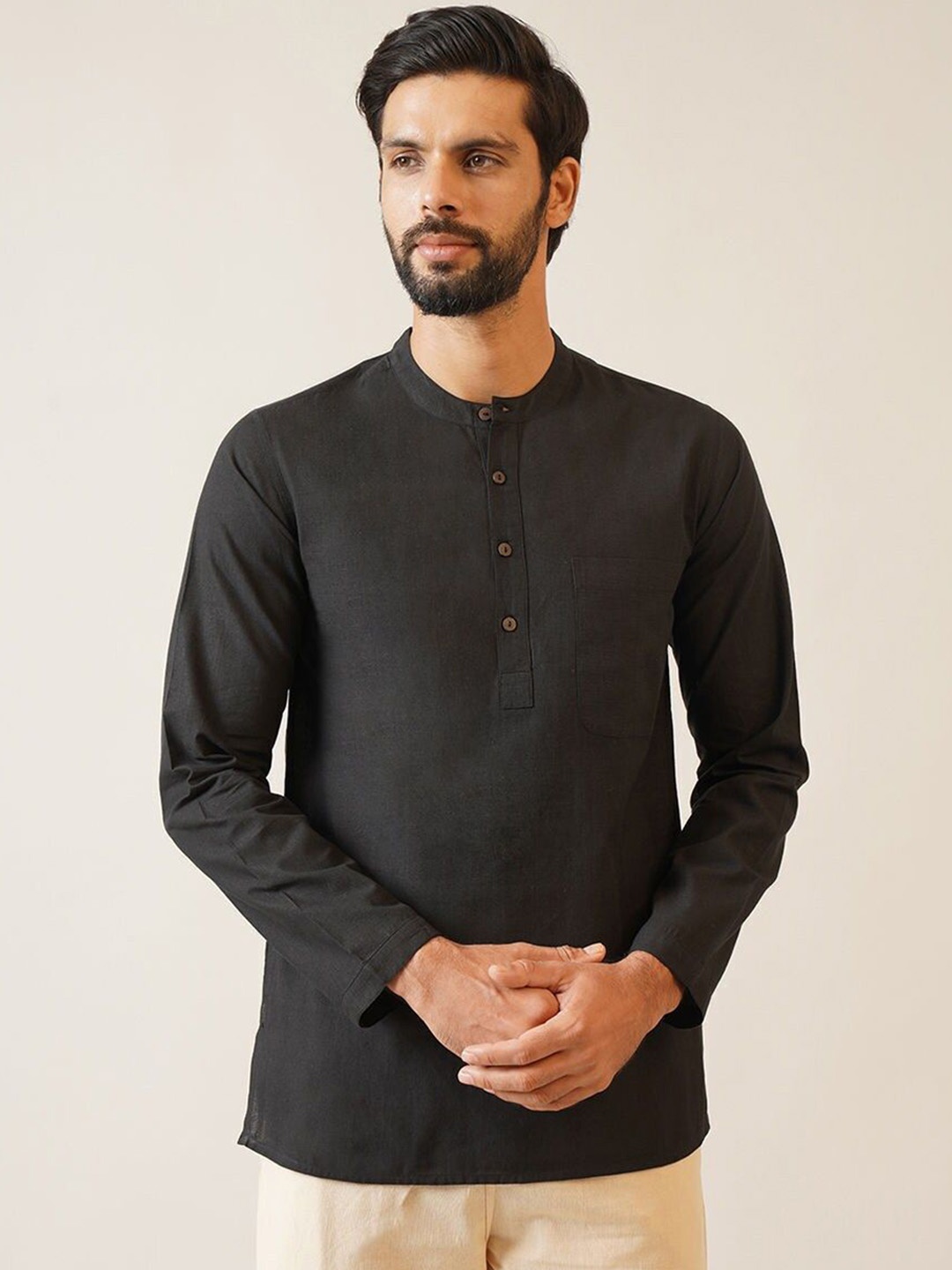 

JAYPORE Band Collar Neck Long Roll-Up Sleeves Pure Cotton Kurta, Black