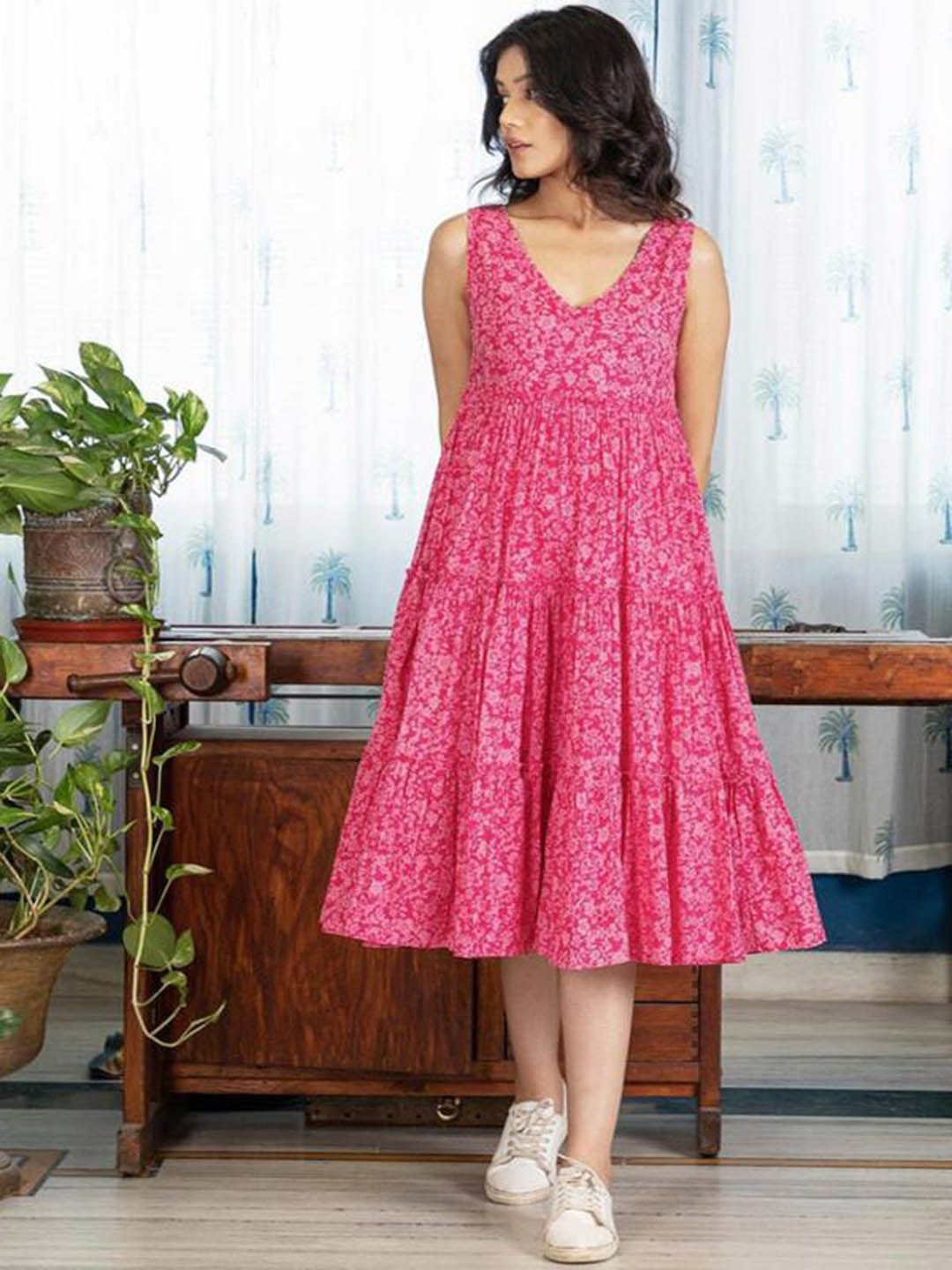

KALINI Floral Print Fit & Flare Midi Dress, Pink
