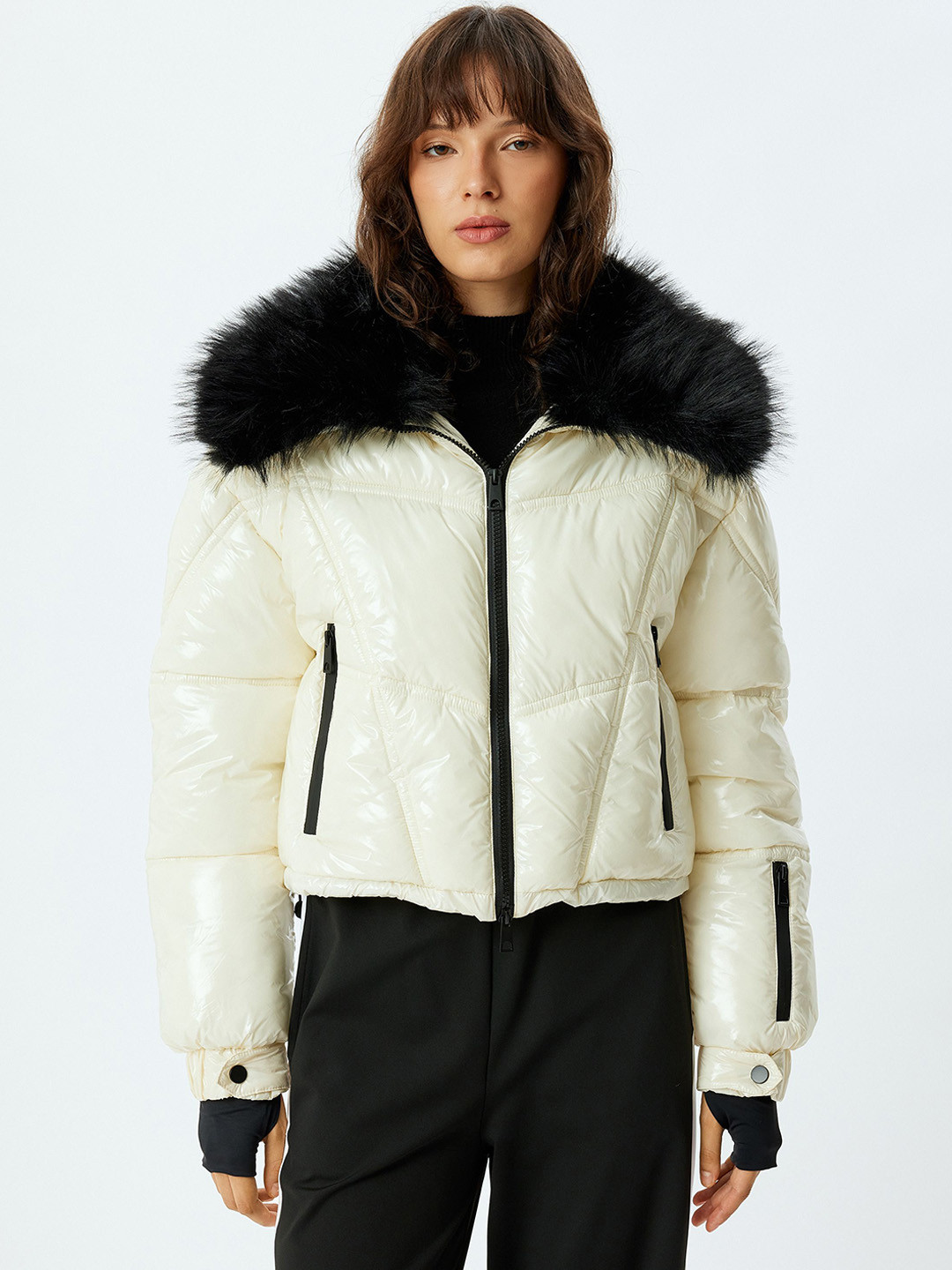 

Koton Women Shawl Collar Solid Casual Parka Jacket, Beige