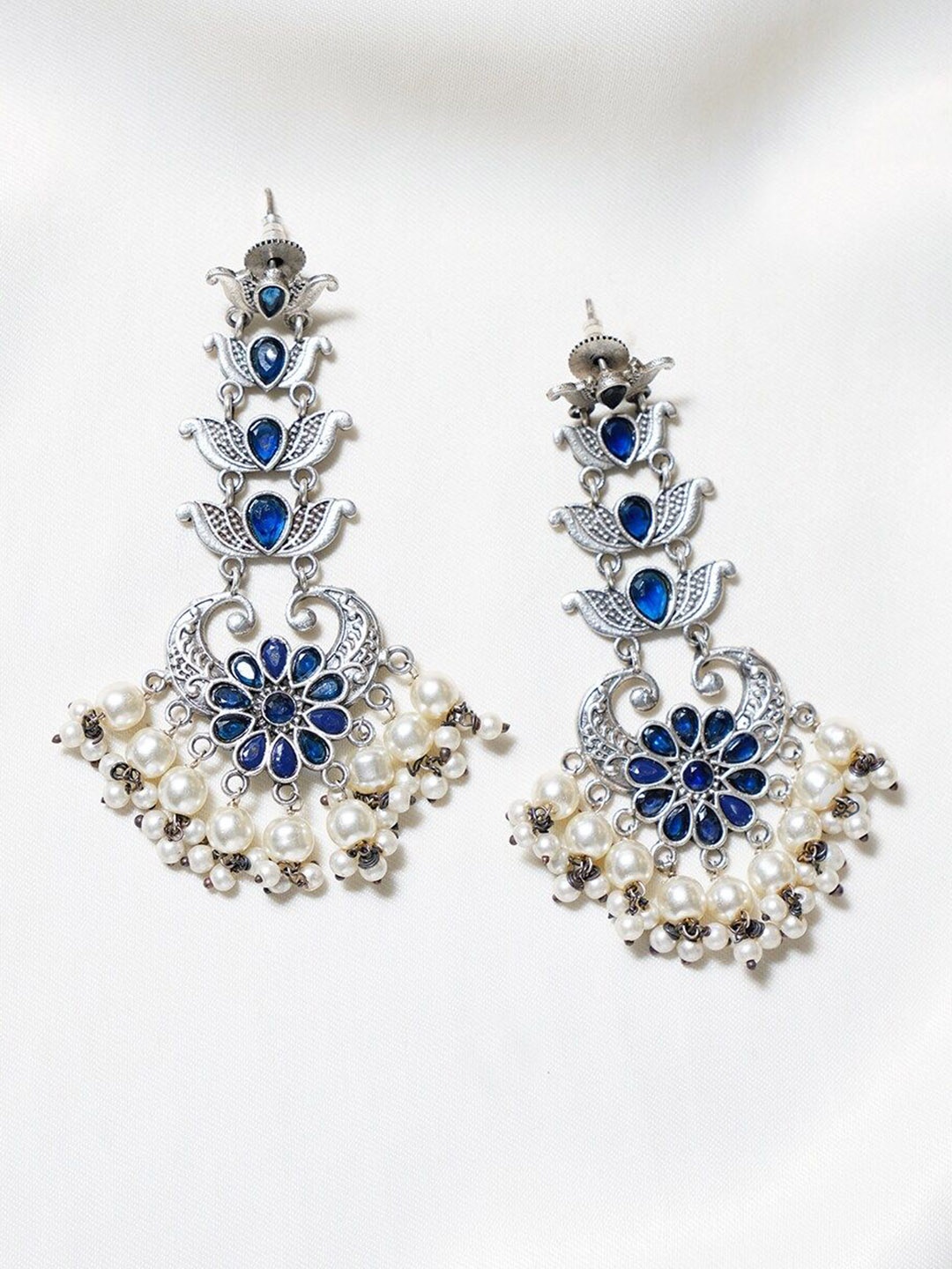 

JAYPORE Stone Studded Contemporary Oxidised Drop Earrings, Silver