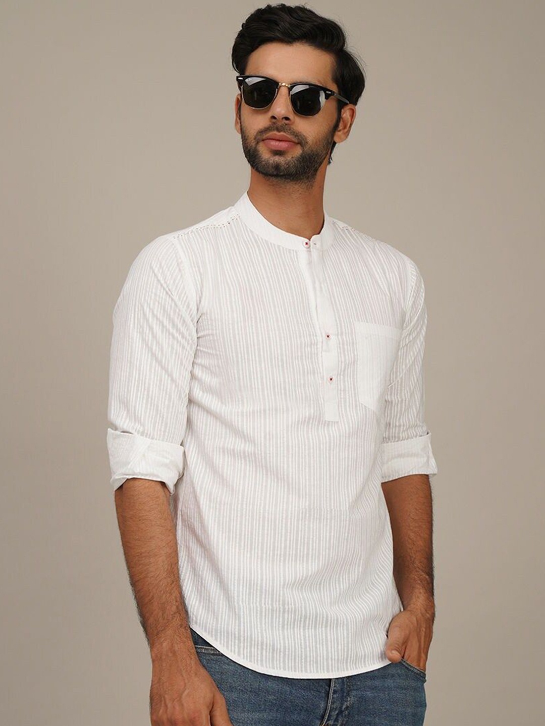 

JAYPORE Striped Mandarin Collar Pure Cotton Kurta, White