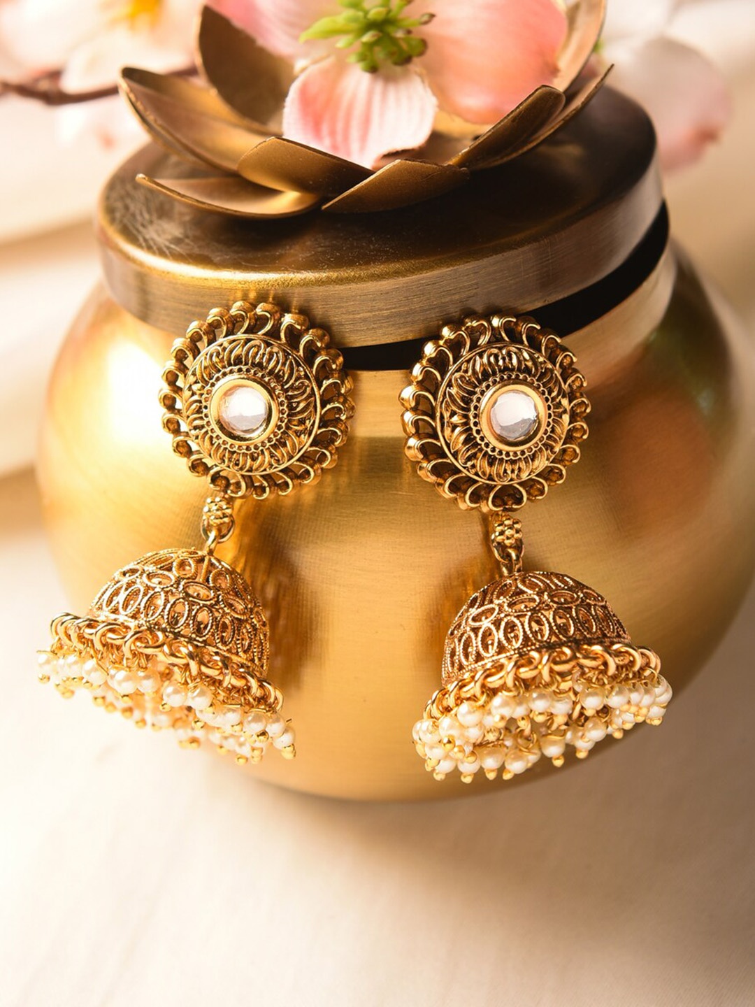 

JAYPORE Gold Plated Stone Studded & Beaded Dome Shaped Jhumkas