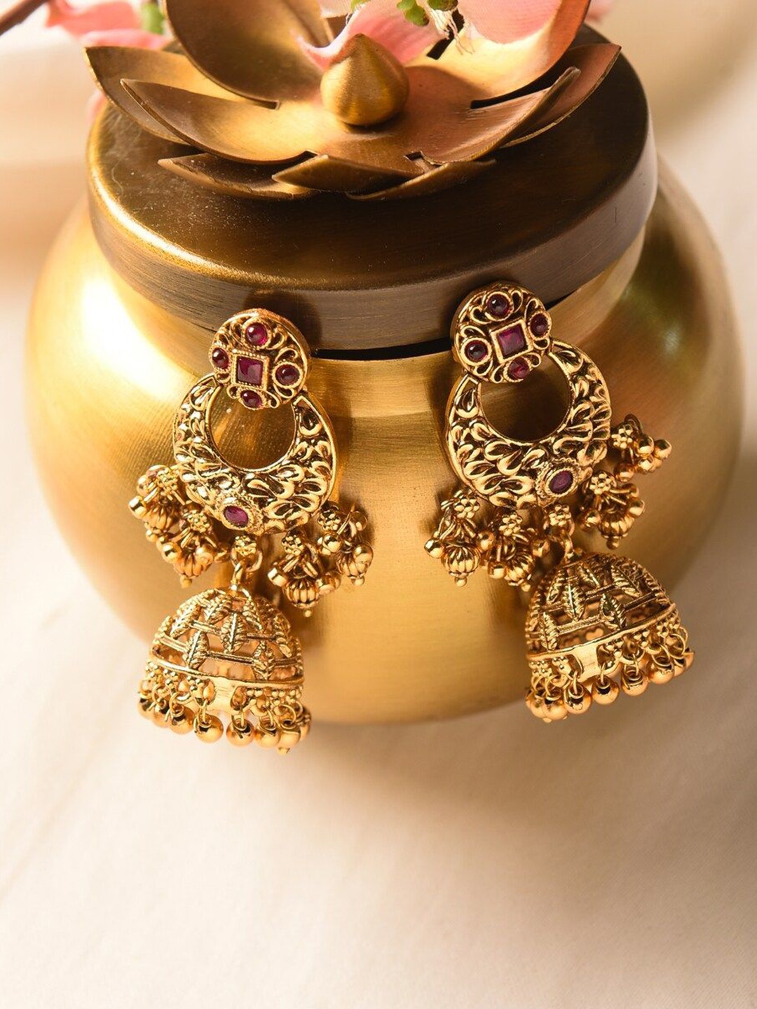 

JAYPORE Gold-Plated Stone Studded Contemporary Jhumkas