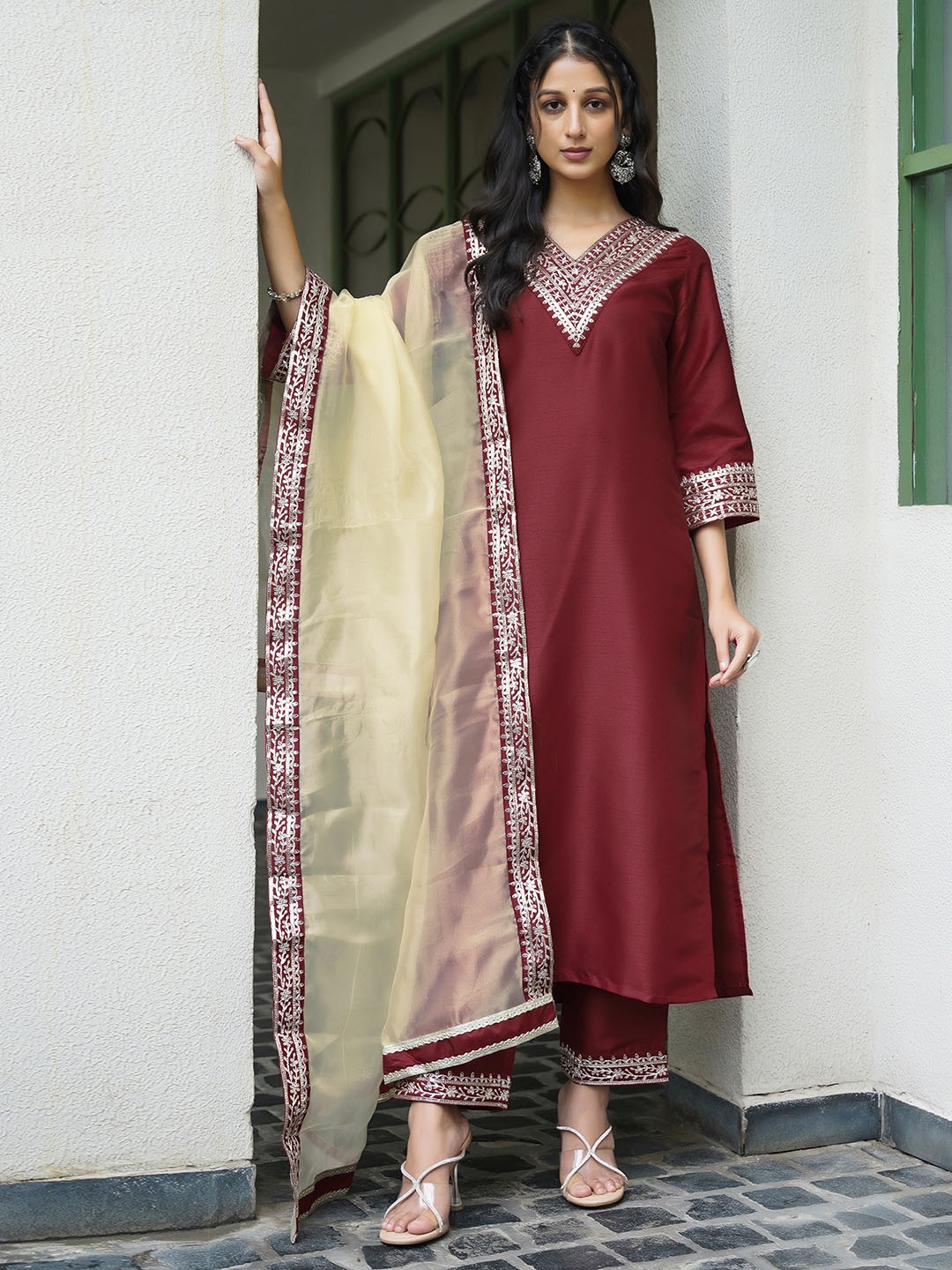 

KALINI Straight Sequinned Kurta with Trousers & Dupatta, Red