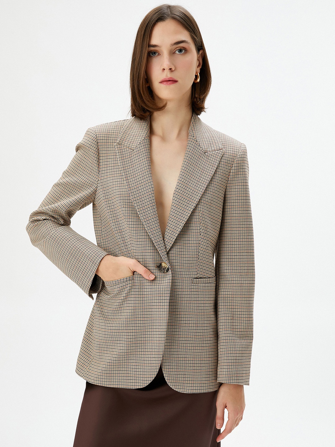 

Koton Women Lapel Collar Geometric Printed Casual Tailored Jacket, Beige