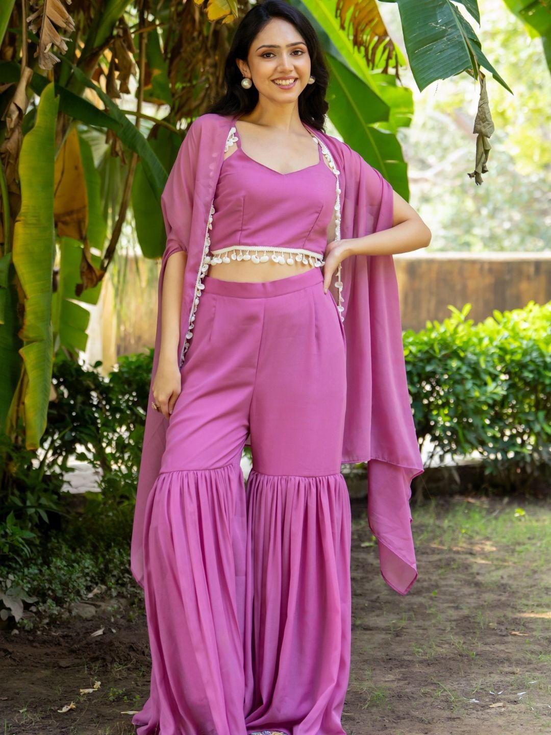 

HOUSE OF JAMOTI Shoulder Straps Sleeveless Top With Sharara & Shrug, Pink