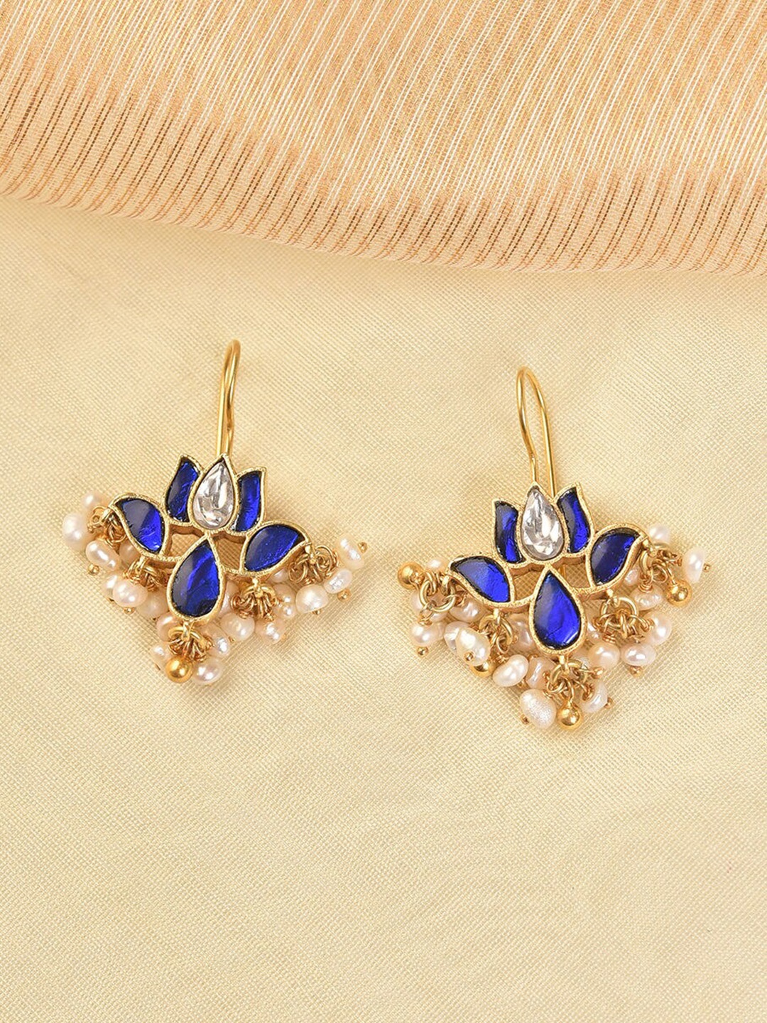

JAYPORE Silver Kundan Studded Contemporary Drop Earrings, Gold
