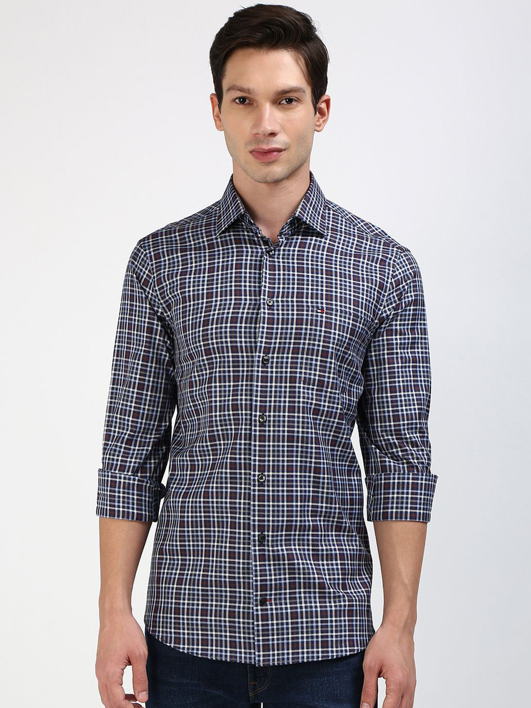 

Tommy Hilfiger Men Spread Collar Tartan Checked Cotton Casual Shirt, Navy blue
