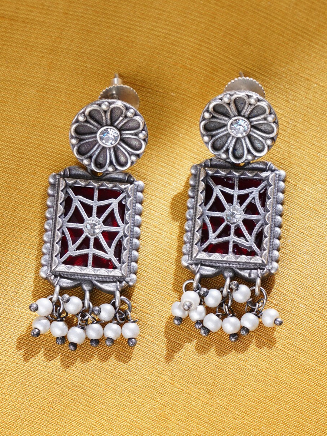 

JAYPORE Oxidised Pearls Beaded Drop Earrings, Silver