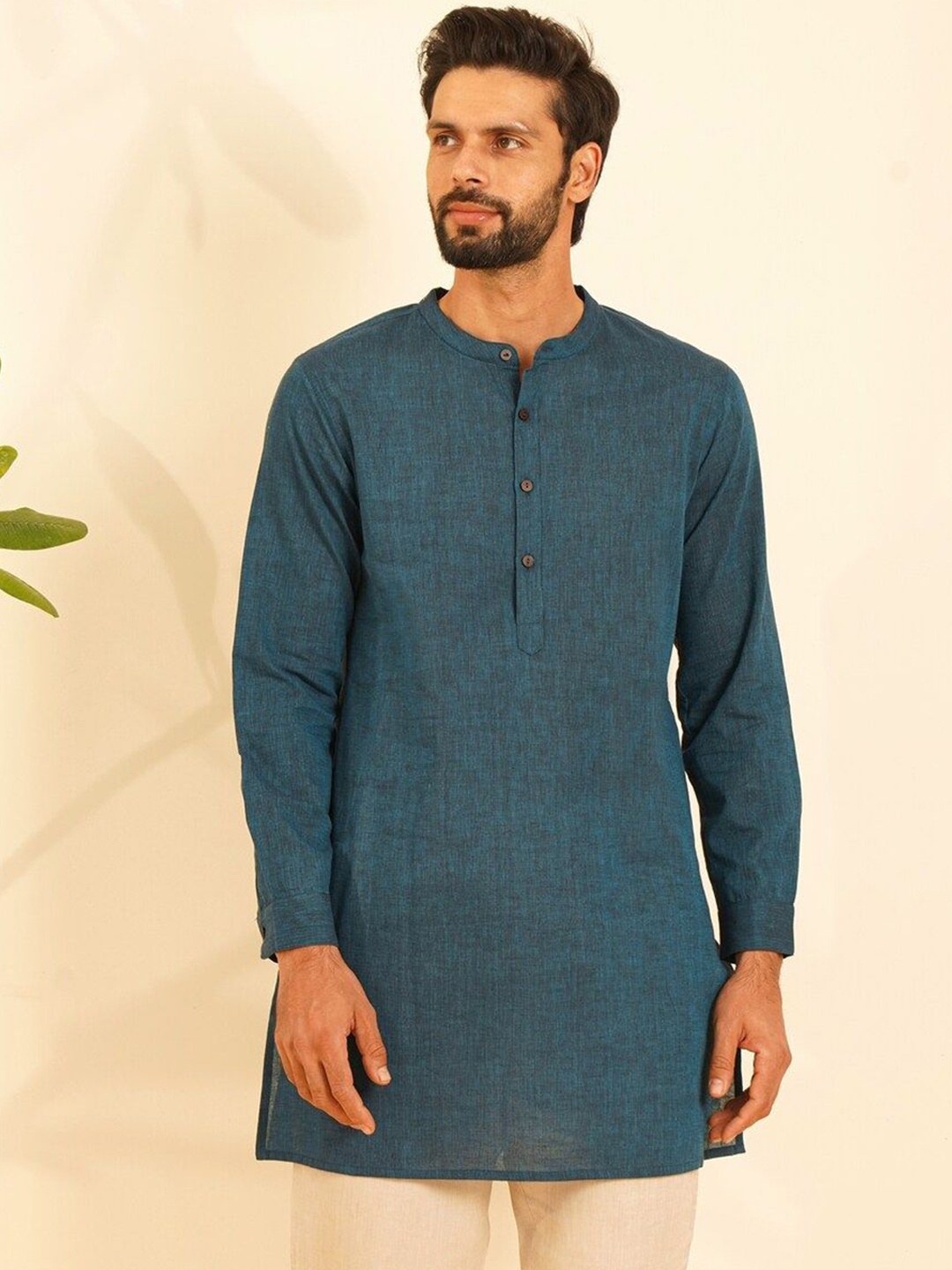 

JAYPORE Mandarin Collar Pure Cotton Straight Kurta, Teal