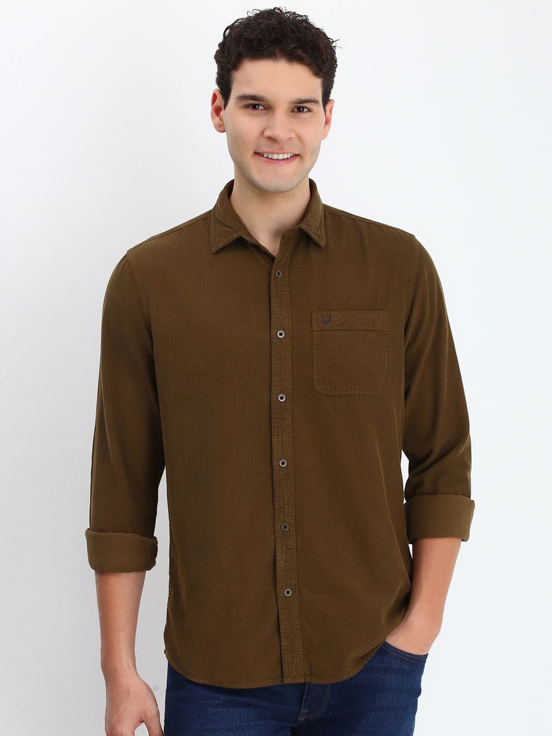 

Allen Solly Men Custom Spread Collar Solid Cotton Casual Shirt, Brown