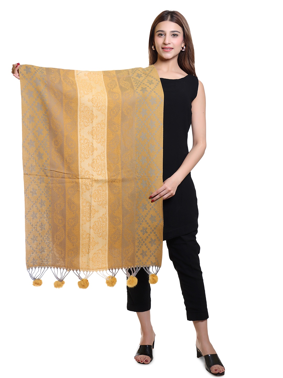 

Oswal International Women Ethnic Motifs Printed Acrylic Shawl, Mustard