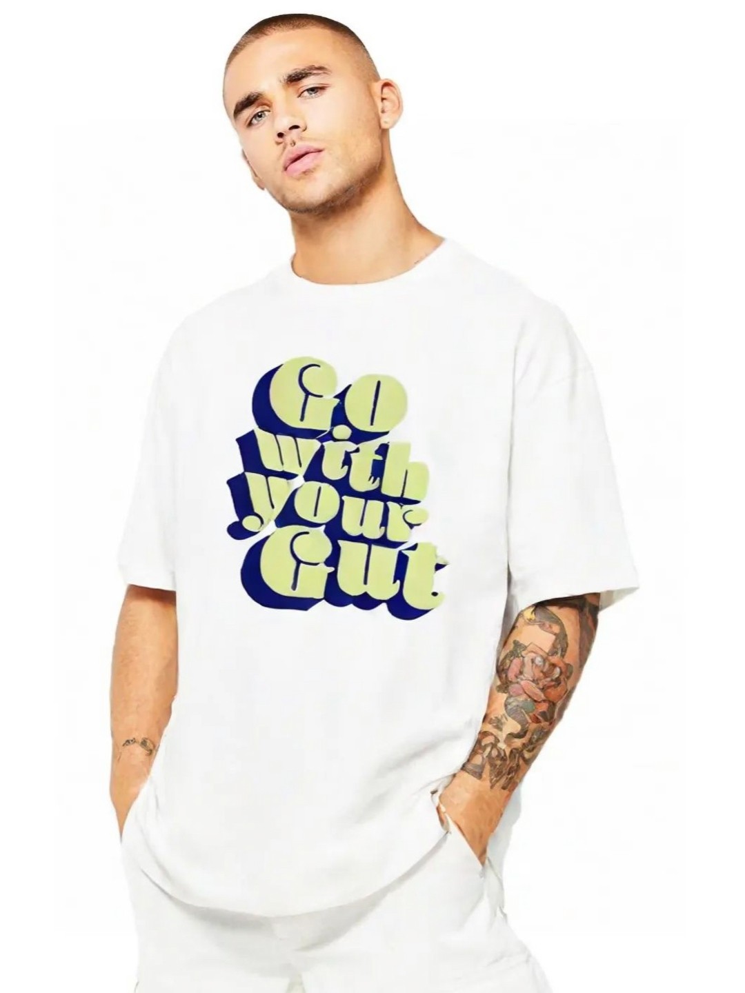 

BAESD Men Typography Printed Round Neck Cotton Oversized T-shirt, White