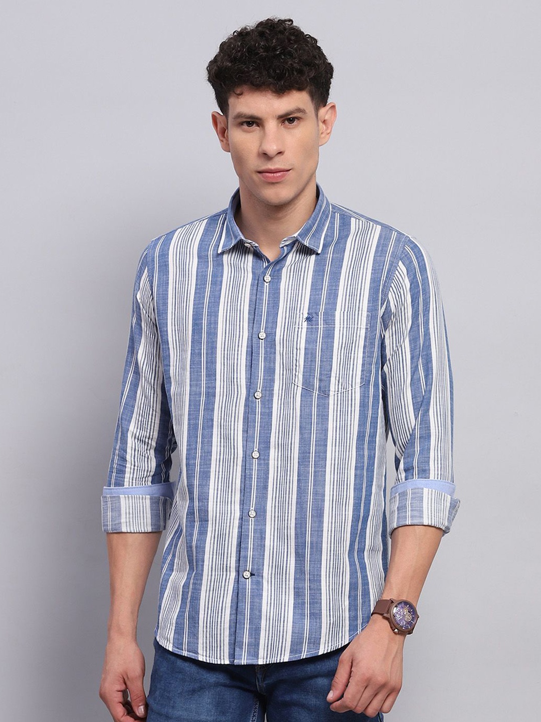 

Monte Carlo Men Spread Collar Multi Striped Cotton Casual Shirt, Blue