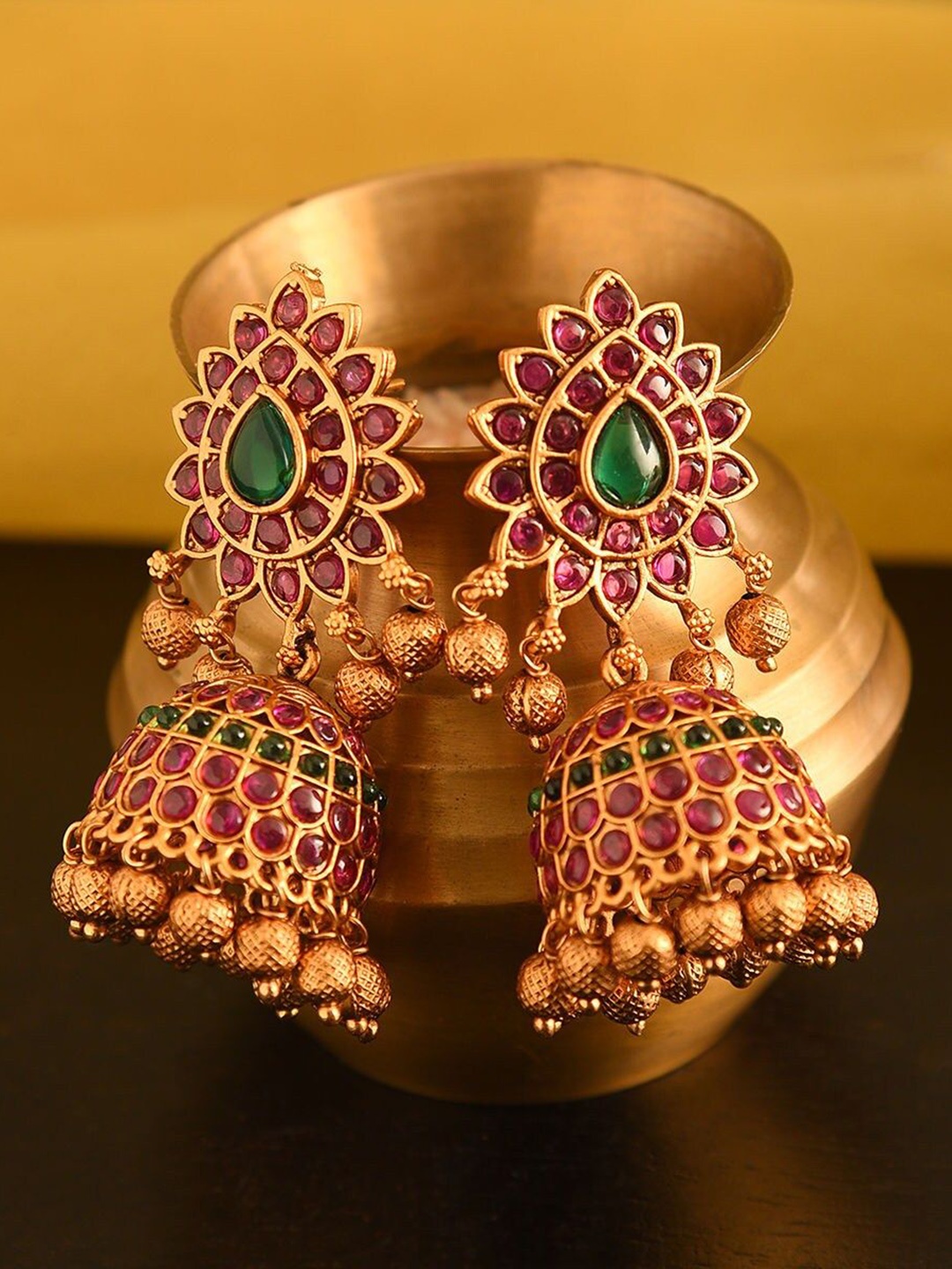 

JAYPORE Stone Studded Dome Shaped Jhumkas, Gold