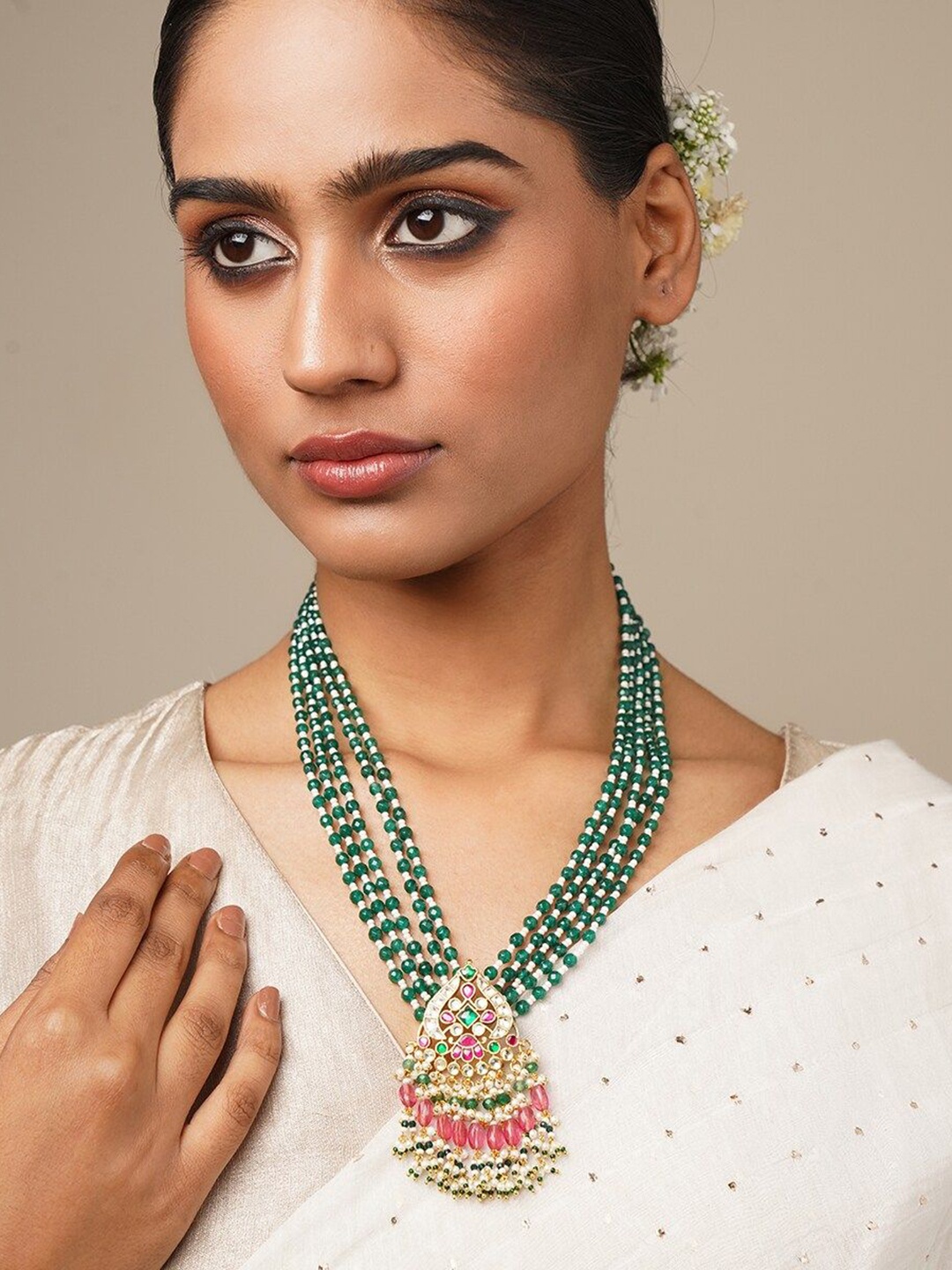 

JAYPORE Artificial Stones and Beads Studded Layered Necklace, Gold