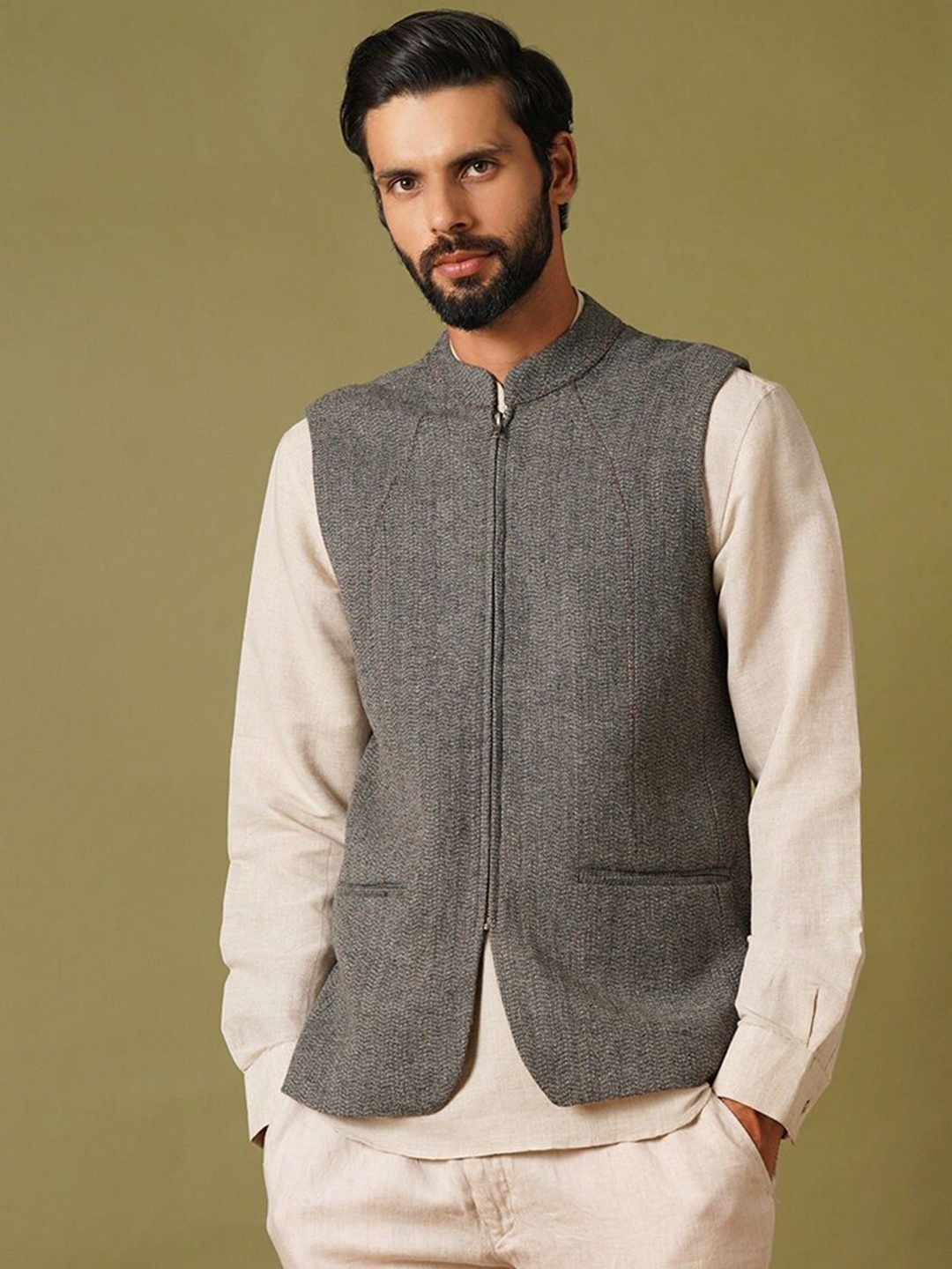 

JAYPORE Woolen Sleeveless Nehru Jackets, Charcoal