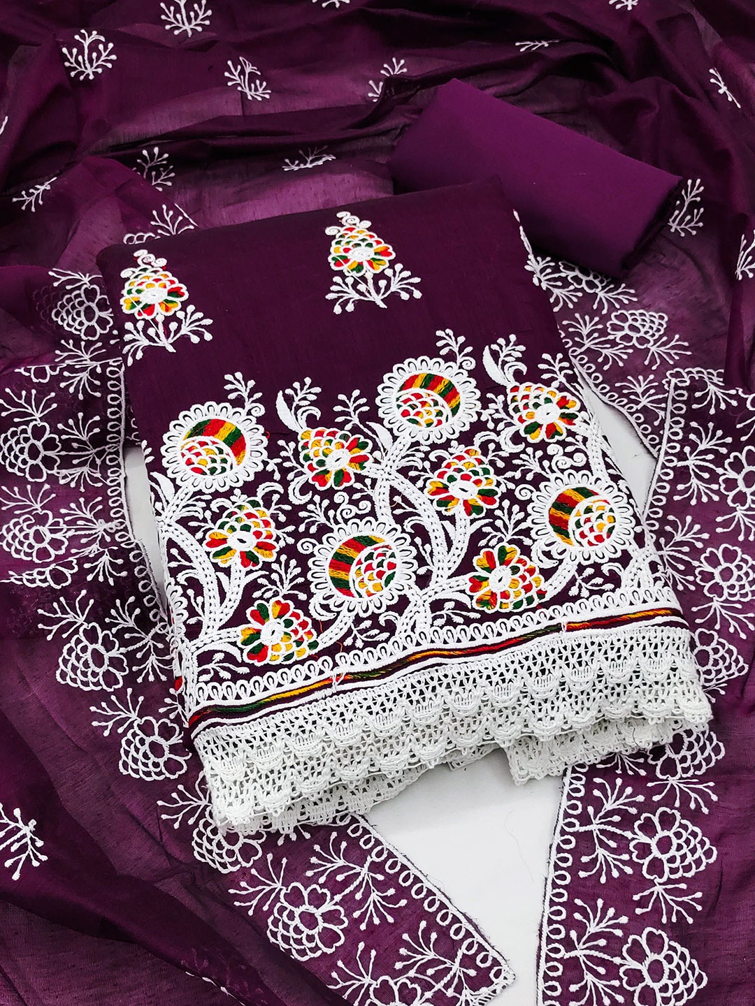 

Maroosh Floral Embroidered Thread Work Unstitched Dress Material, Purple