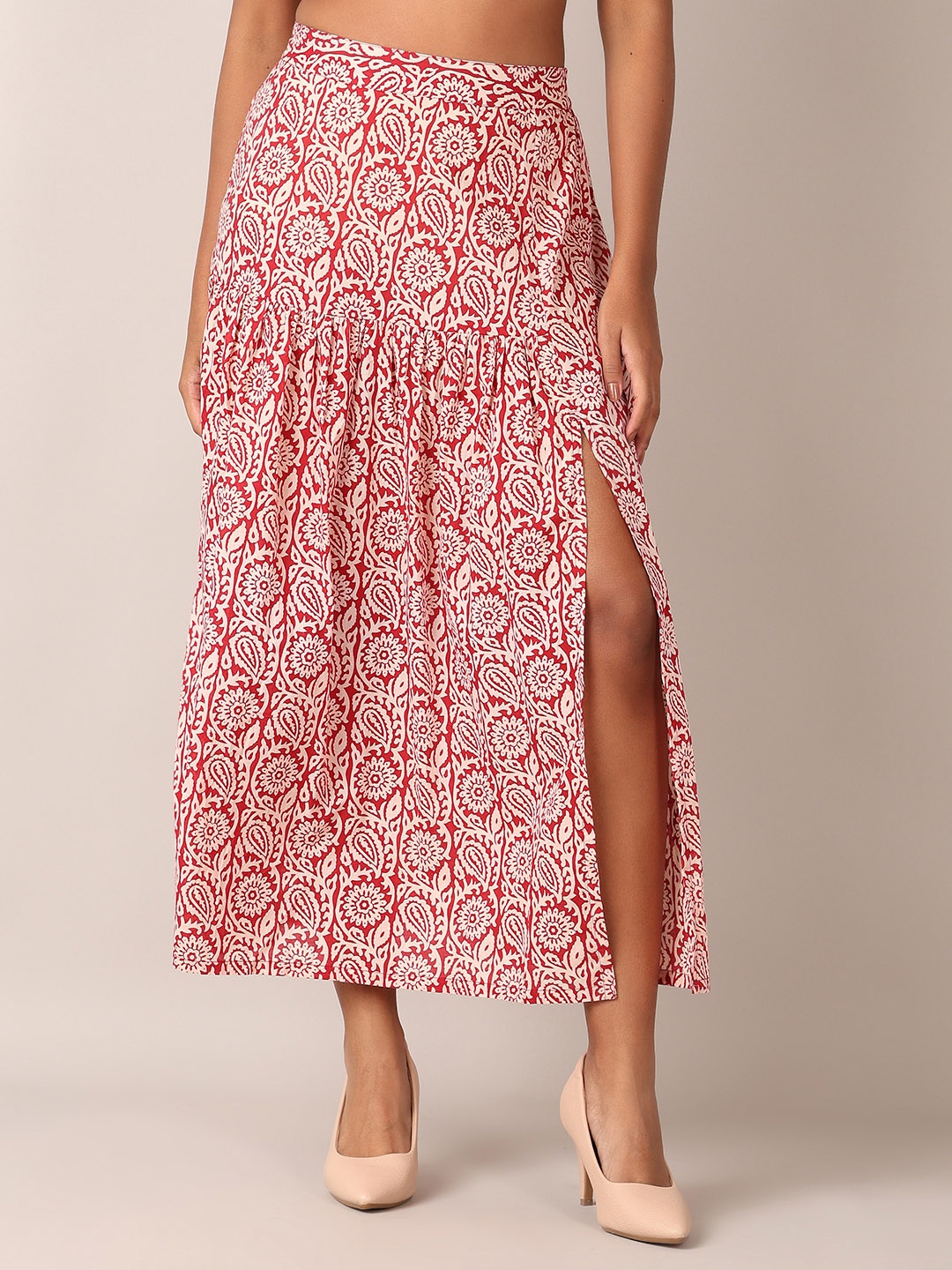 

V-Mart Printed Flared Midi Skirt, Red