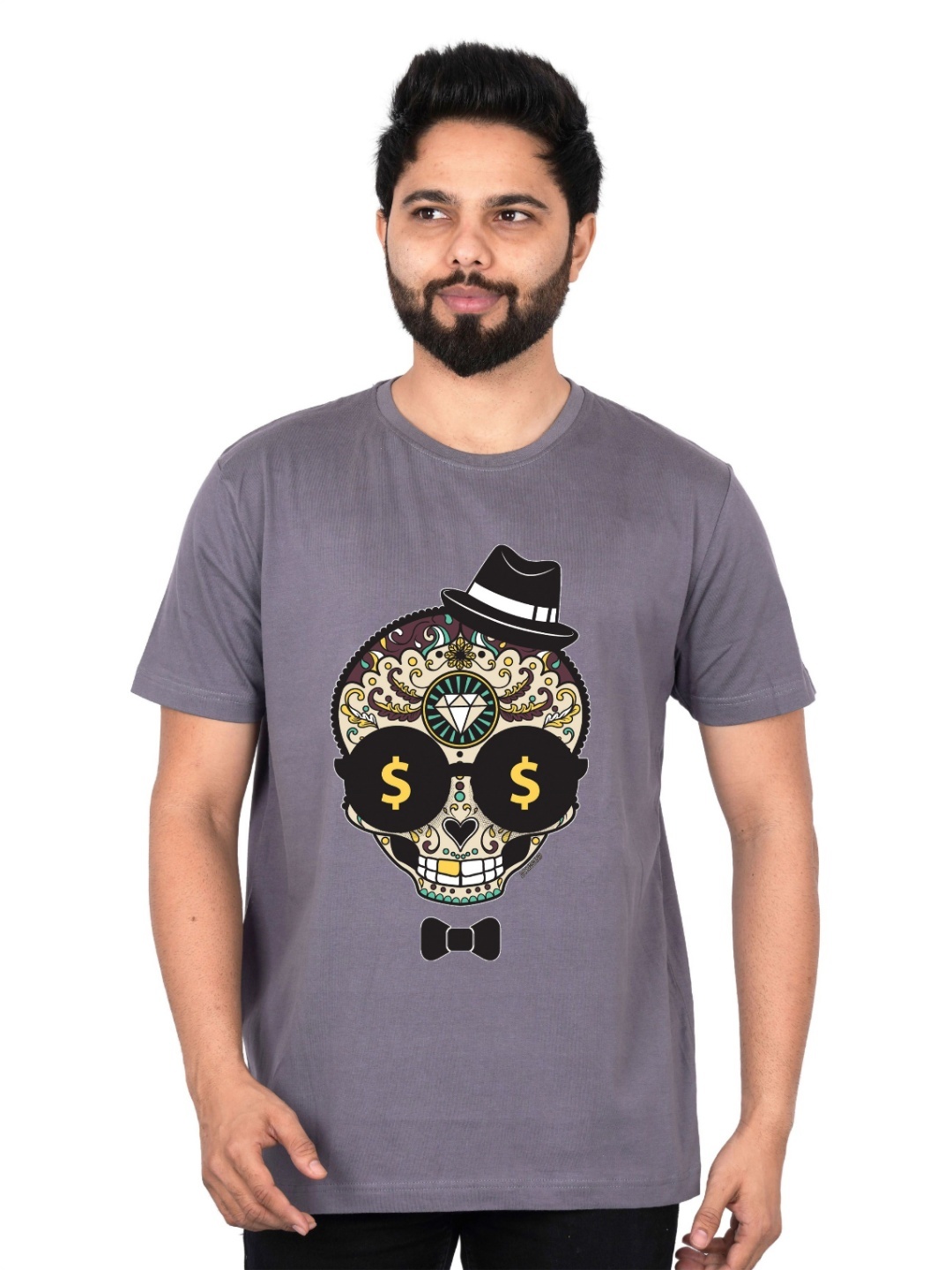 

LA MILANO Men Graphic Printed Round Neck Pure Cotton Slim Fit T-shirt, Grey