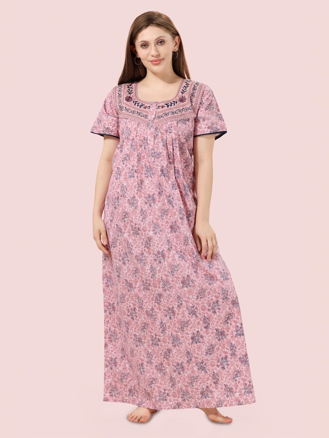 

Soulemo Women Pure Cotton Printed Maxi Everyday Nightdress, Pink