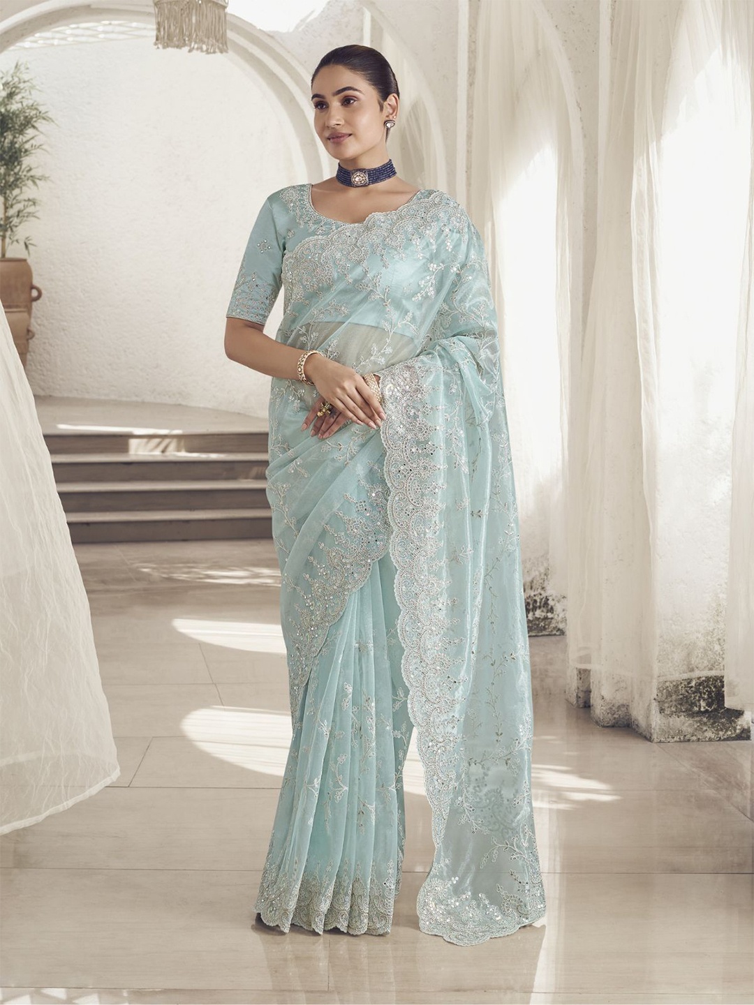

ODETTE Embroidered Net Saree, Blue