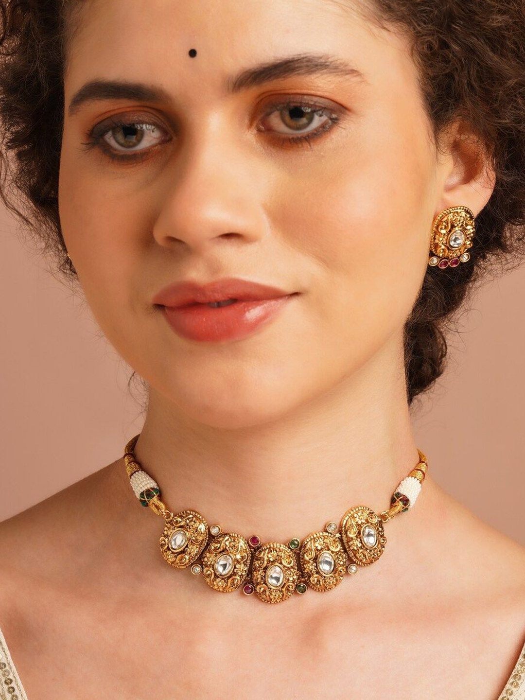 

JAYPORE Brass Artificial Stones & Beads Studded Jewellery Set, Gold