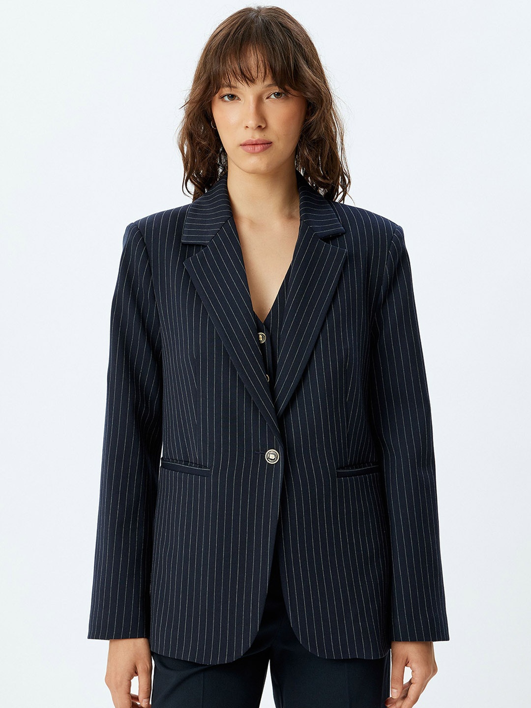 

Koton Stiped Notched Lapel Single-Breasted Blazer, Blue