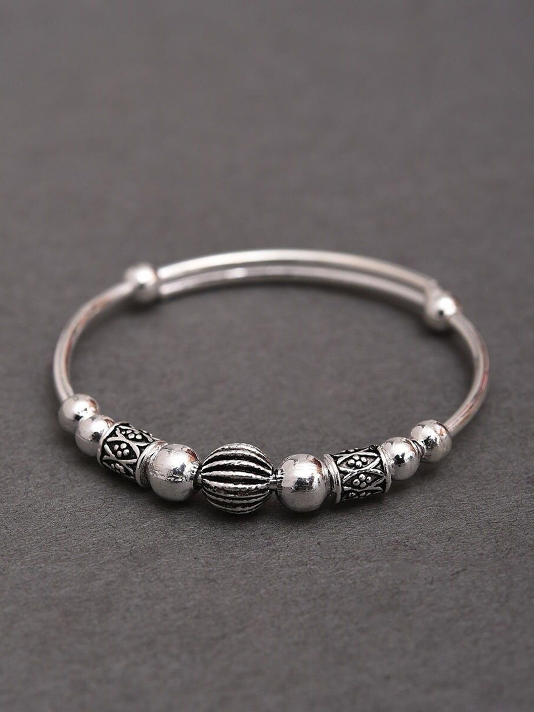 

JAYPORE Silver Beaded Oxidised Kada Bangle