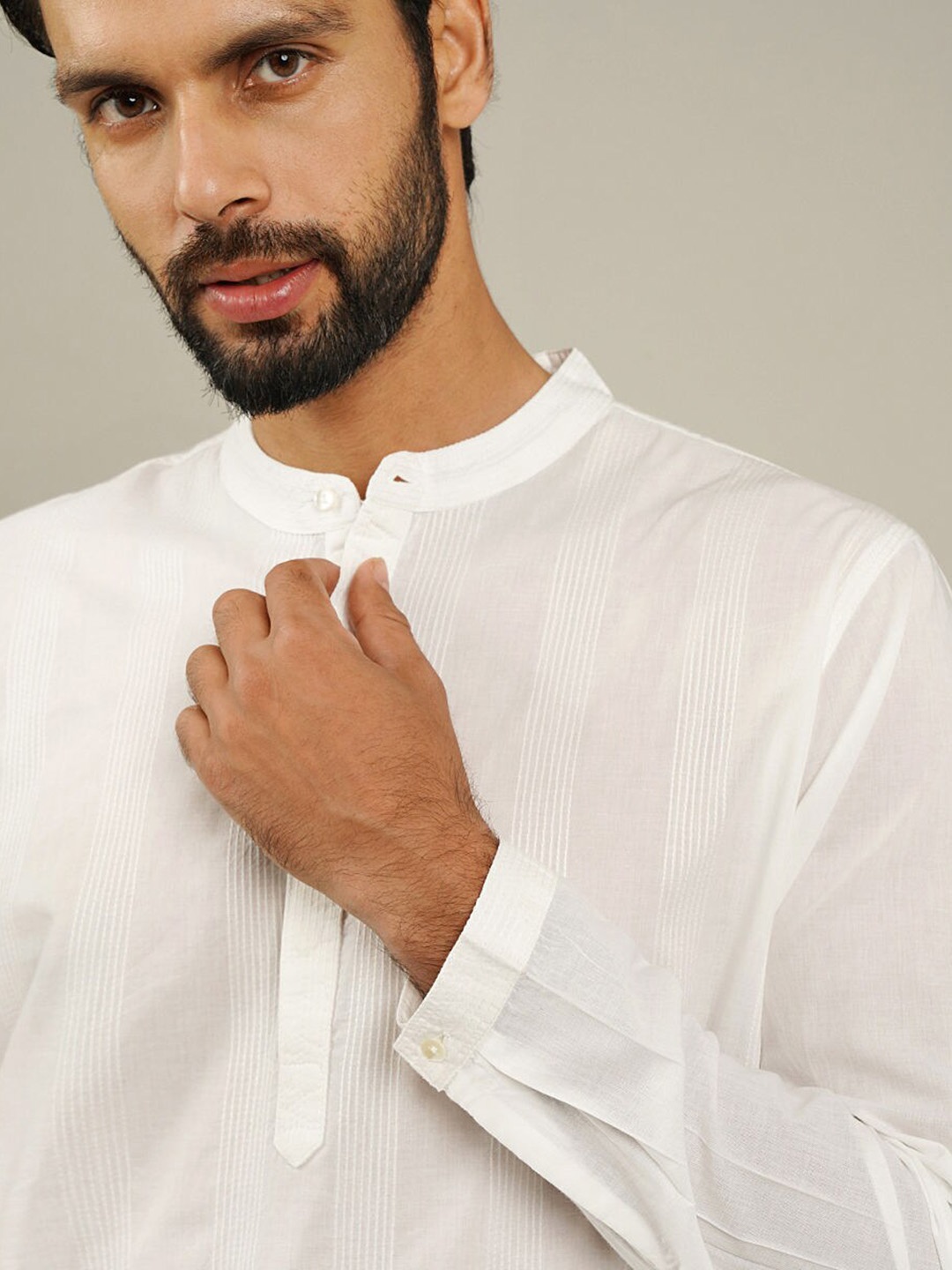 

JAYPORE Striped Thread Work Mandarin Collar Pure Cotton Straight Kurta, White