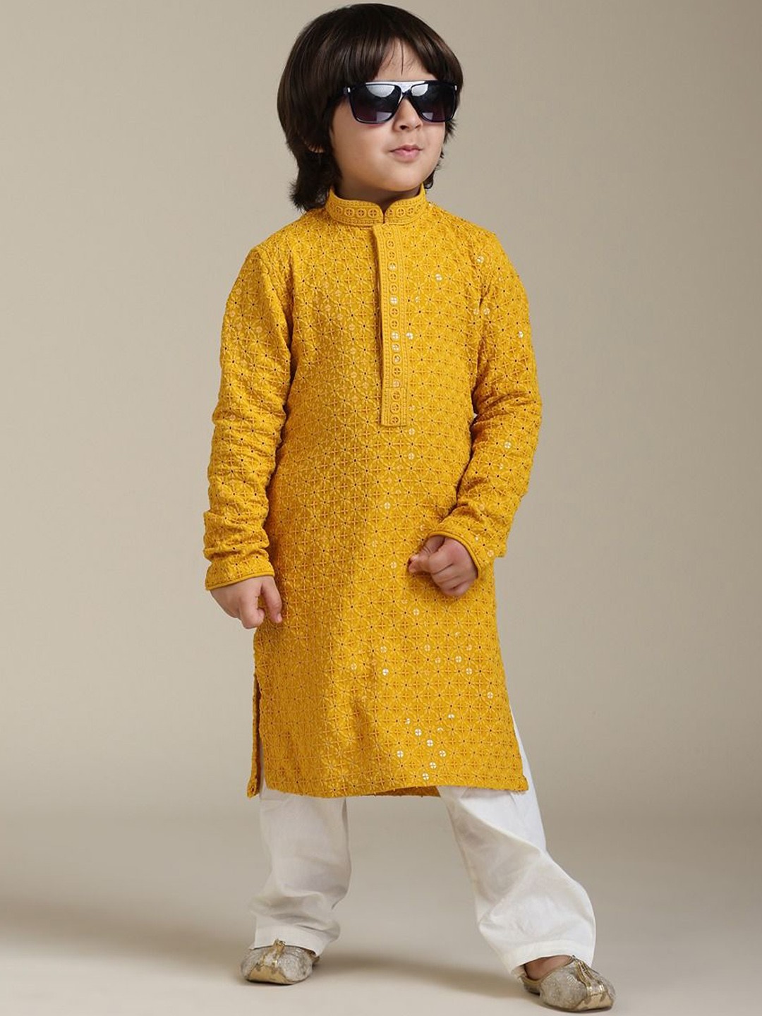 

Manyavar Boys Floral Embroidered Mandarin Collar Sequined Straight Kurta With Pyjamas, Mustard