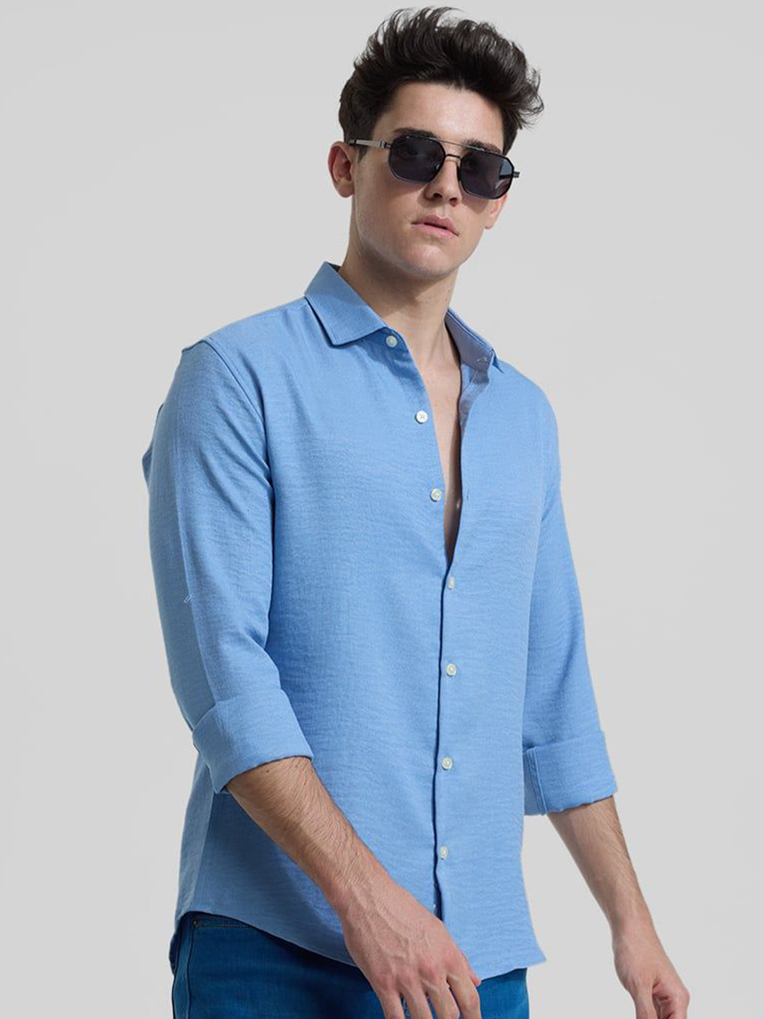 

Snitch Men Smart Spread Collar Solid Slim Fit Casual Shirt, Blue