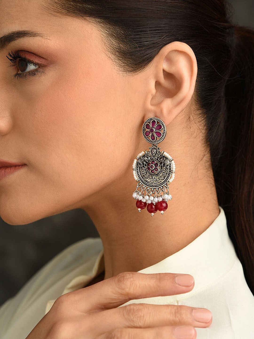 

JAYPORE Contemporary Stone Studs Drop Earrings, Silver