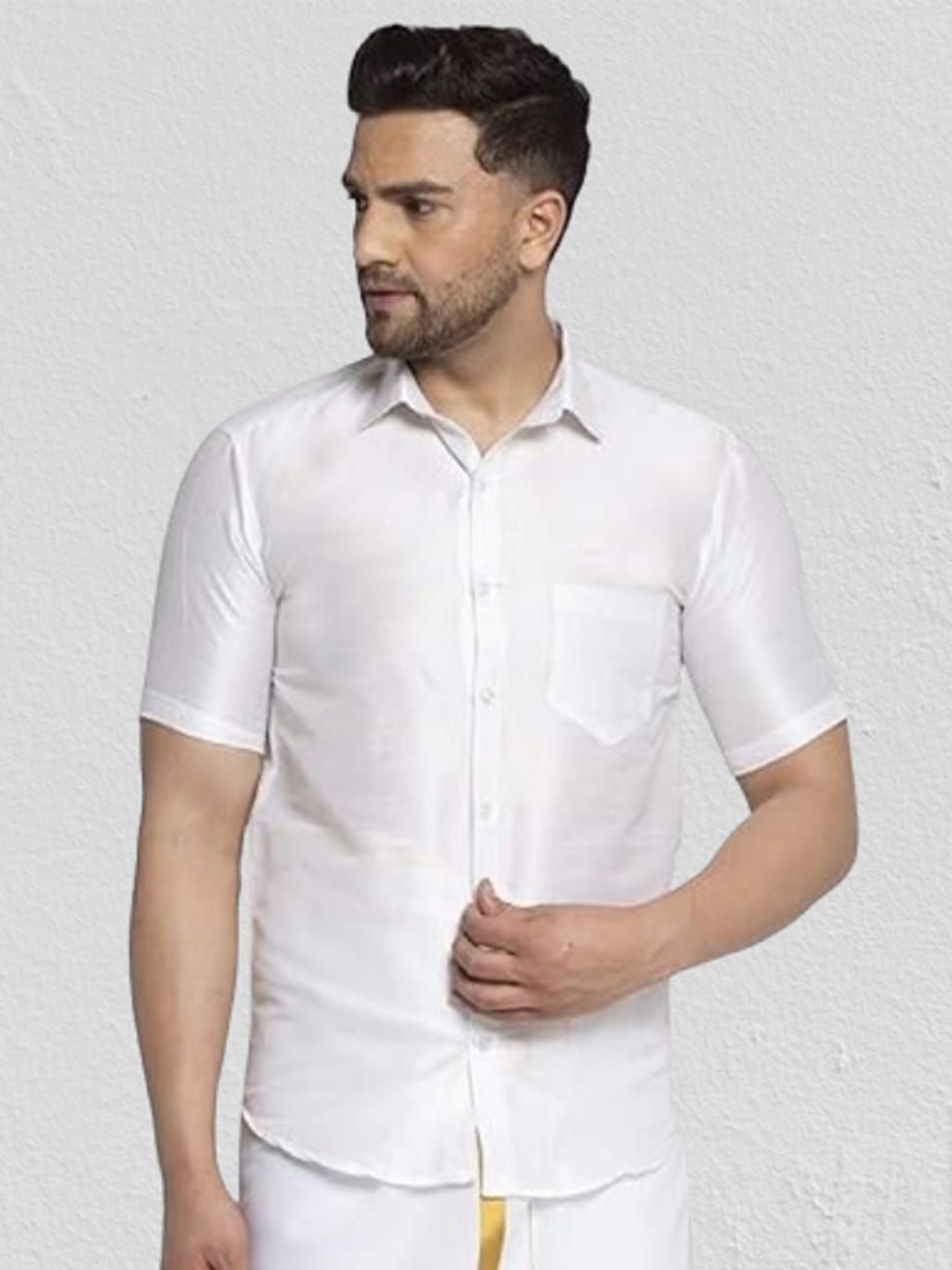 

BANHUSSAIN Men Spread Collar Solid Silk Casual Shirt, White