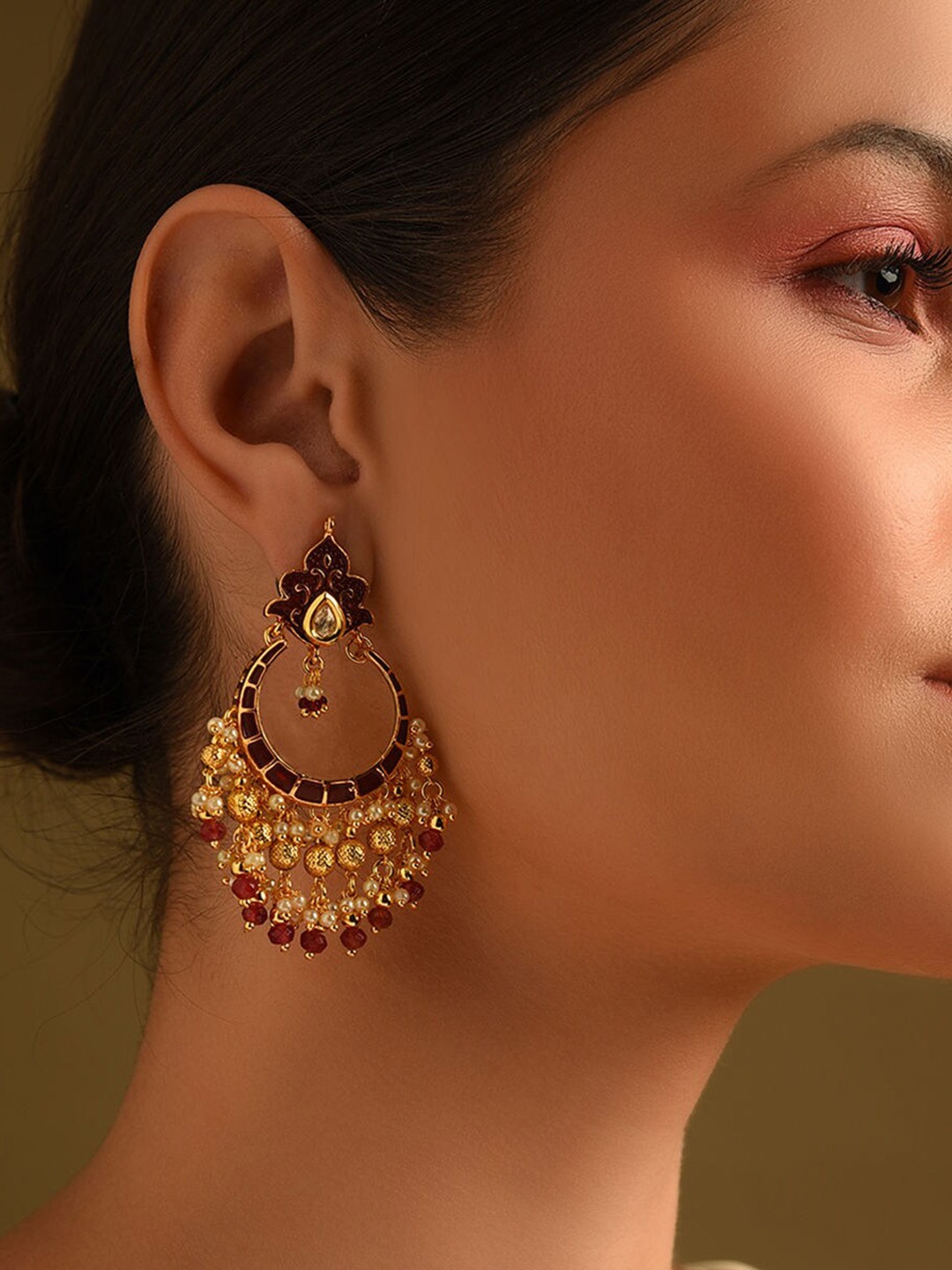 

JAYPORE Gold-Plated Stone Studded & Beaded Contemporary Chandbalis