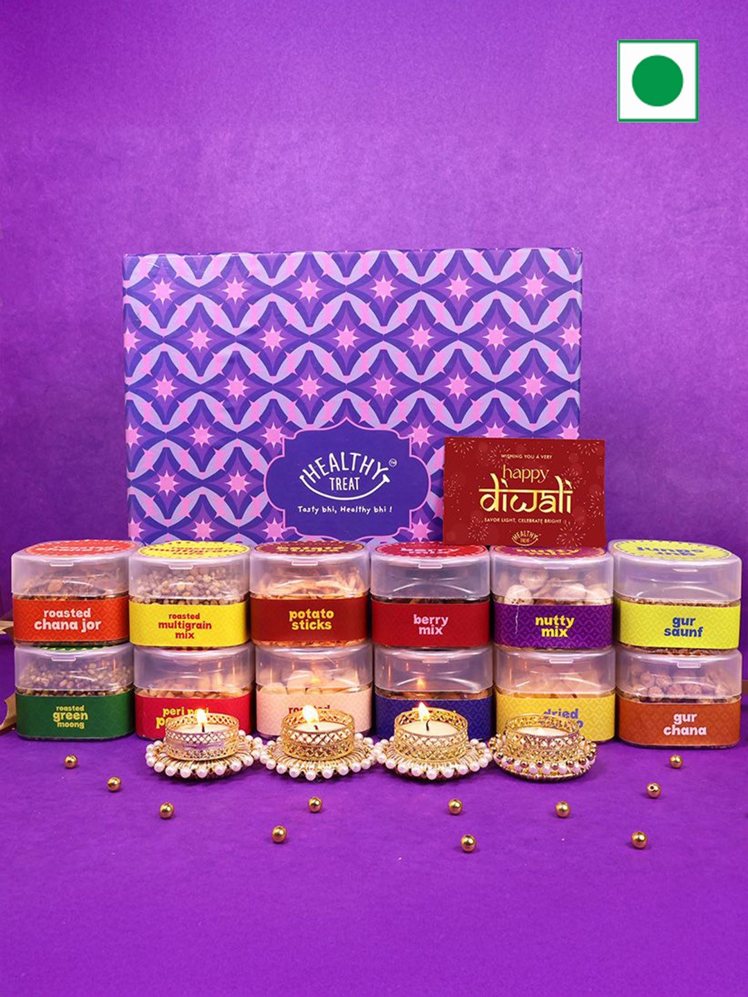 

Healthy Treat Set Of 17 Roasted Snacks & Dry Fruits With Diya Assorted Gifts, Pink