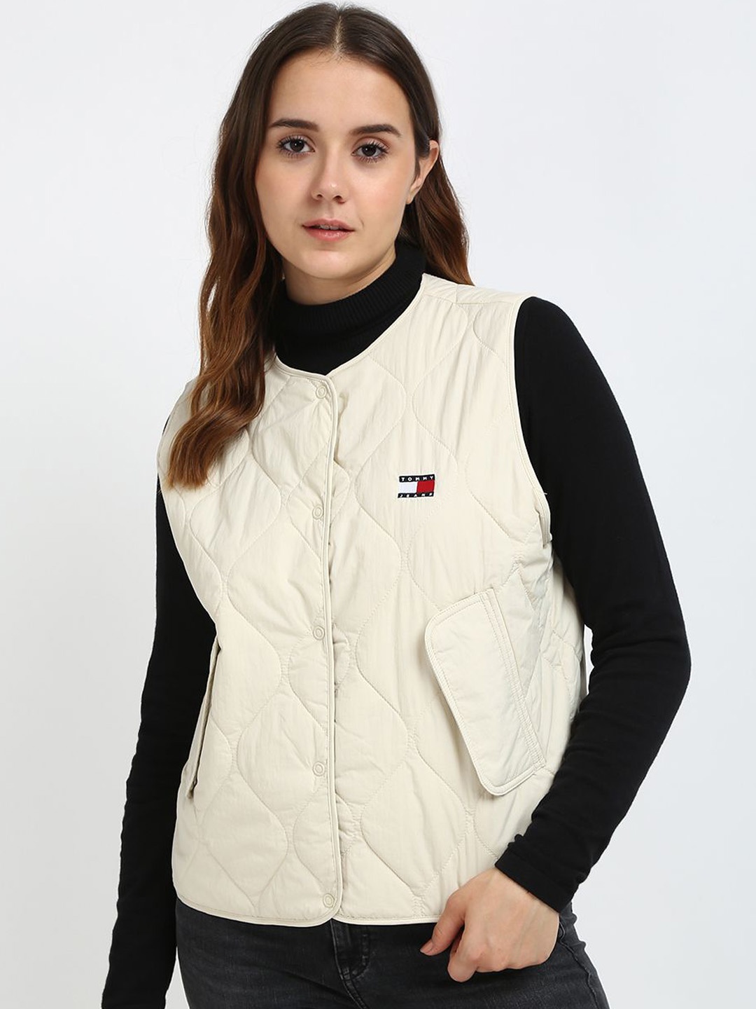 

Tommy Hilfiger Women Collarless Solid Casual Quilted Jacket, Beige