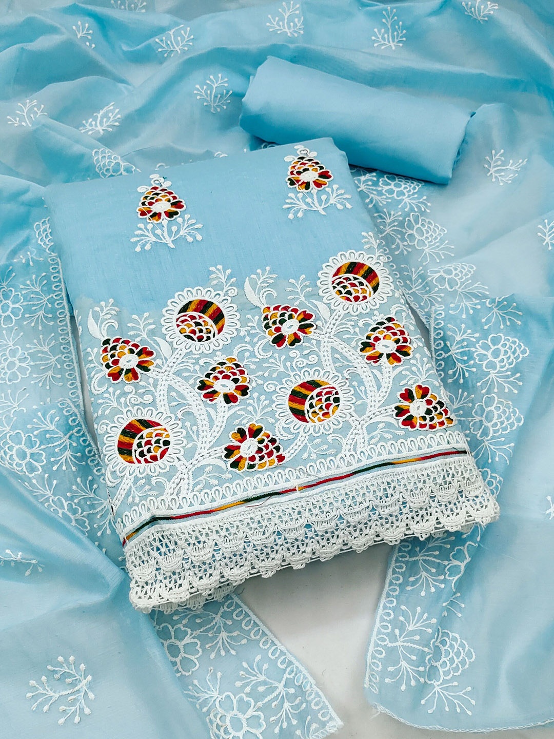 

Maroosh Floral Embroidered Thread Work Unstitched Dress Material, Turquoise blue