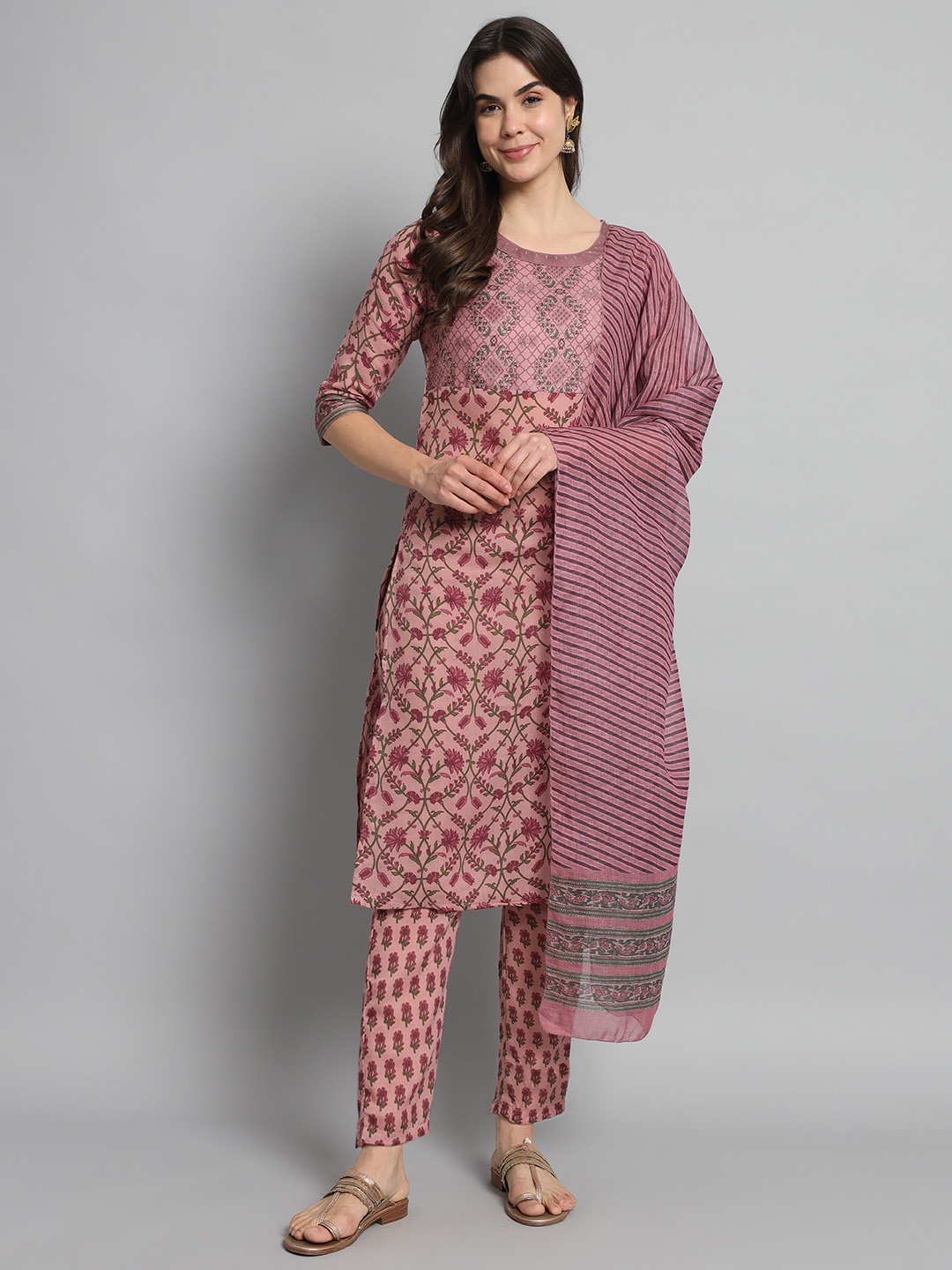 

NIJANAND TEXTILE Floral Printed Pure Cotton Straight Kurta with Trousers & Dupatta, Pink