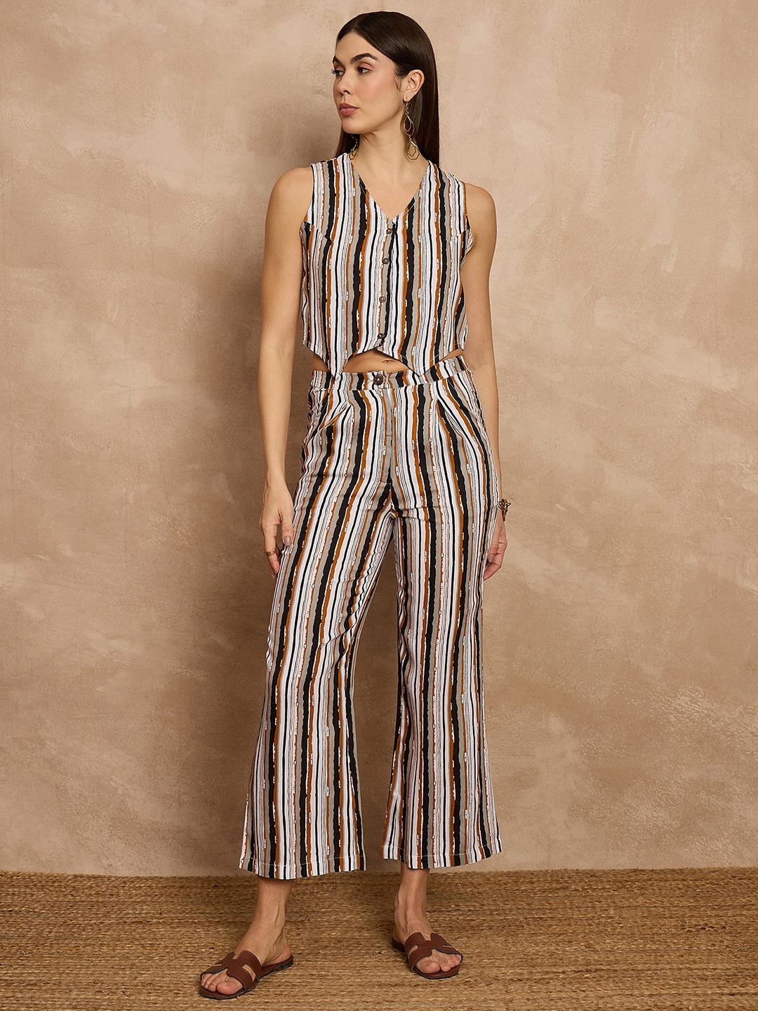 

all about you Striped V-Neck Sleeveless Waistcoat With Trouser, Brown