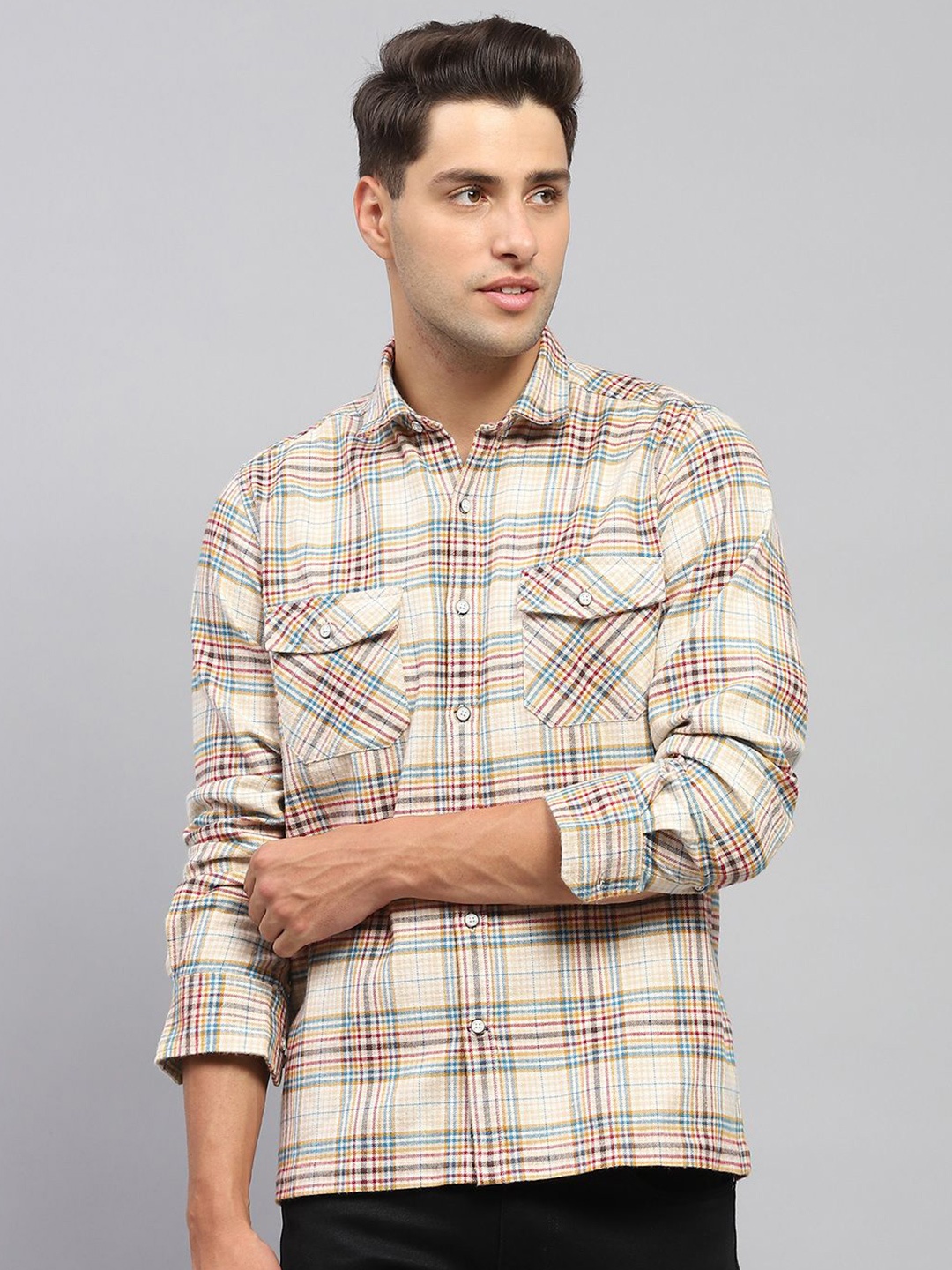 

Monte Carlo Men Spread Collar Tartan Checked Cotton Casual Shirt, Beige